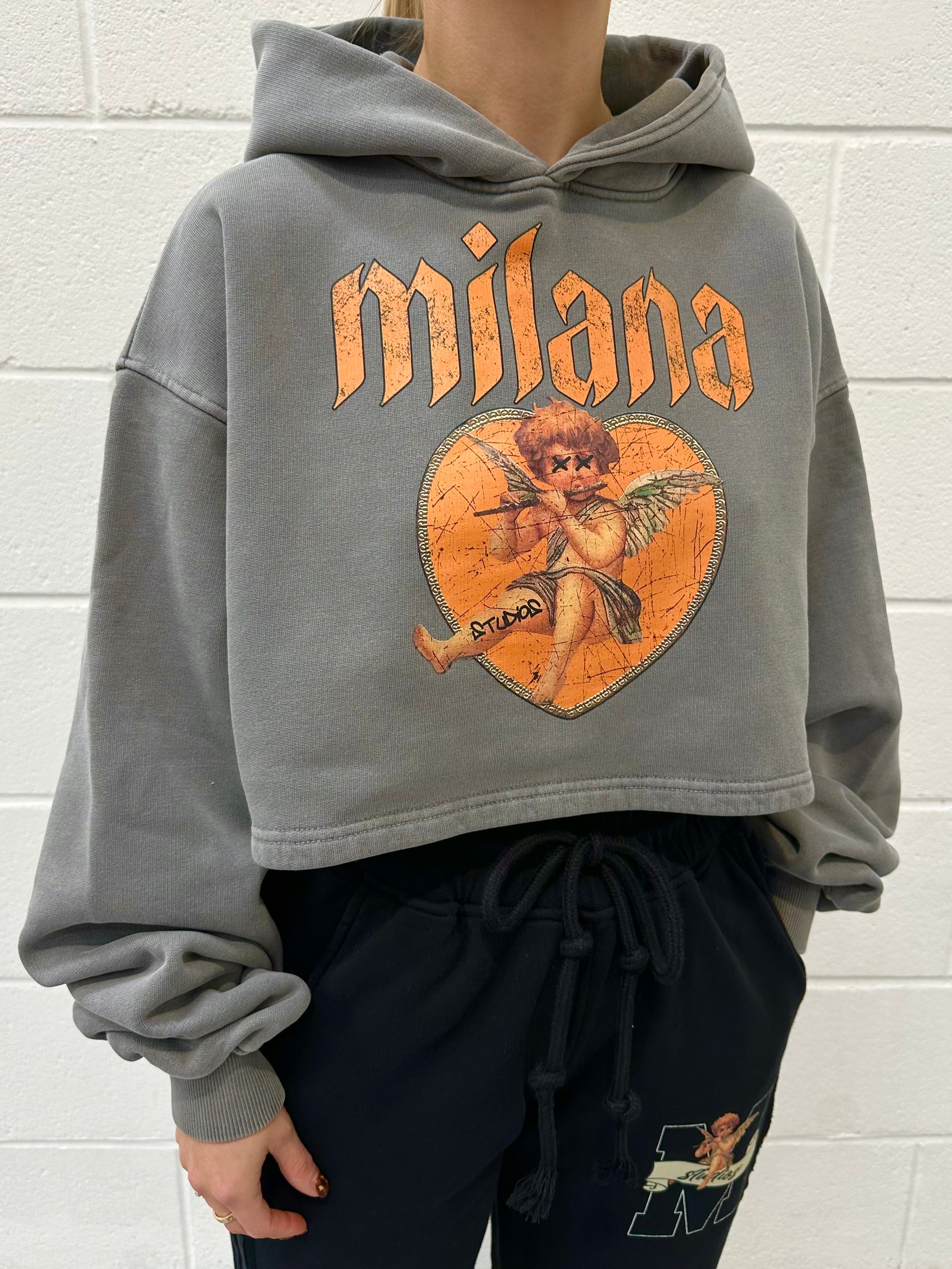 Washed Charcoal Cherub Cropped Heavyweight Hoodie.