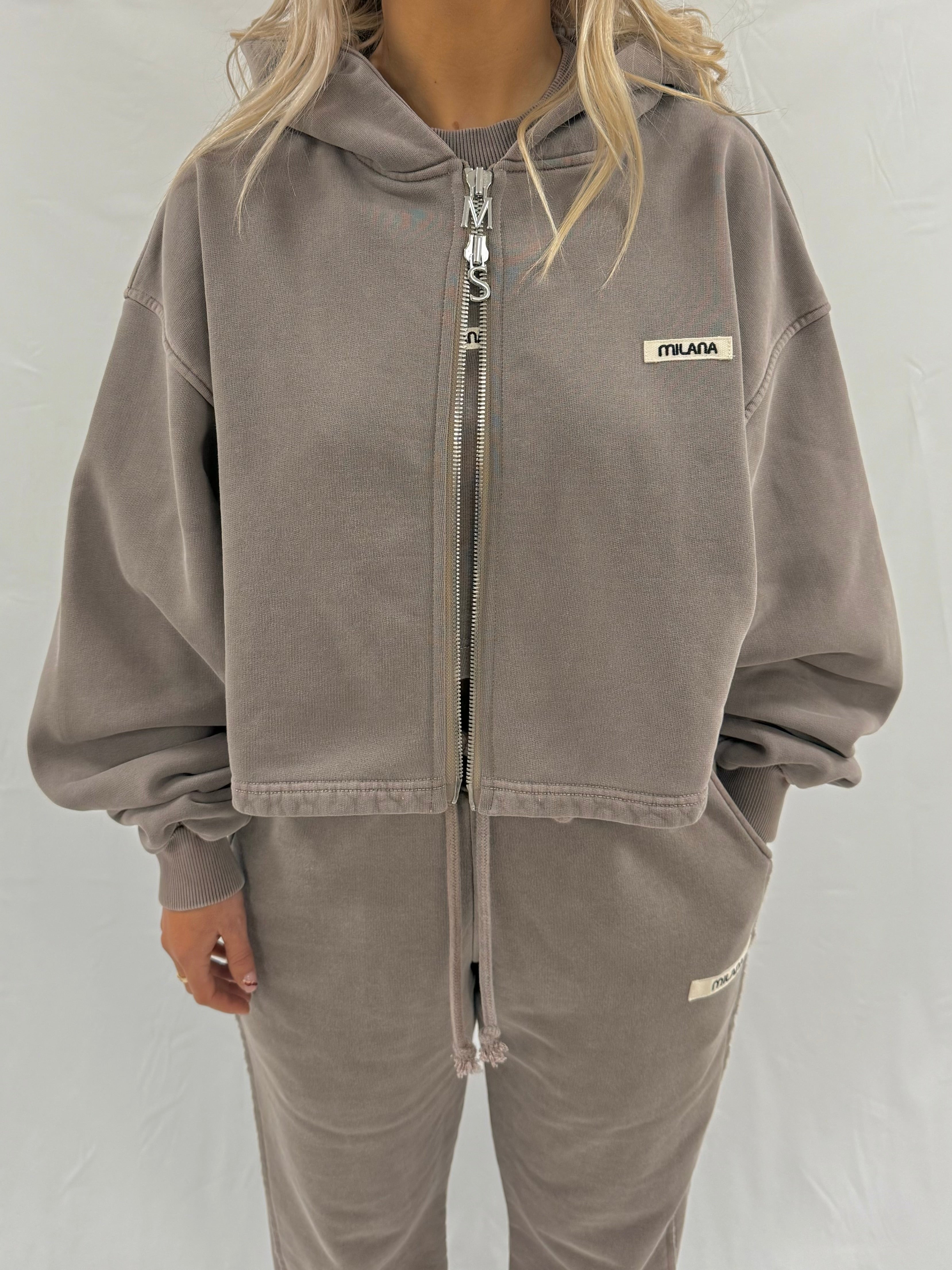 Washed Brown Core Heavyweight Cropped Zip Hoodie.