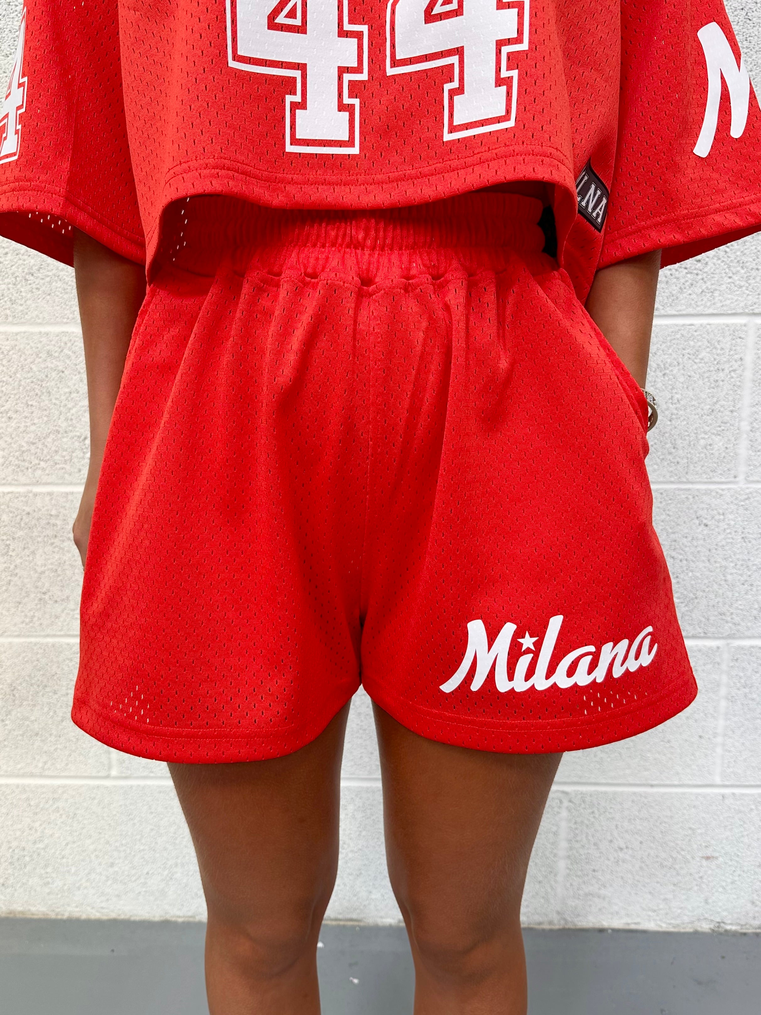 Red Mesh Mini Shorts.