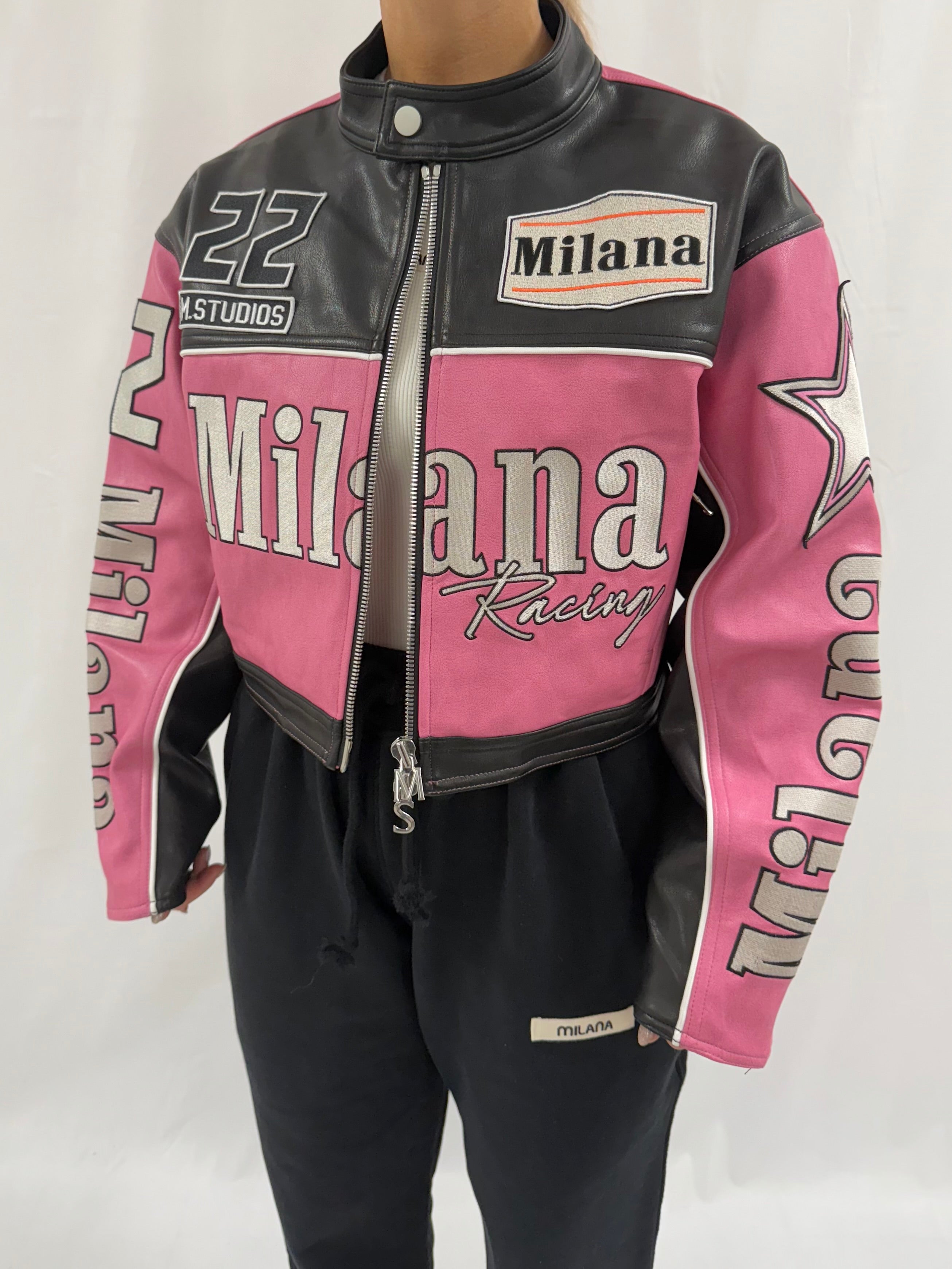 Pink Heavyweight Cropped Leather Biker Jacket.