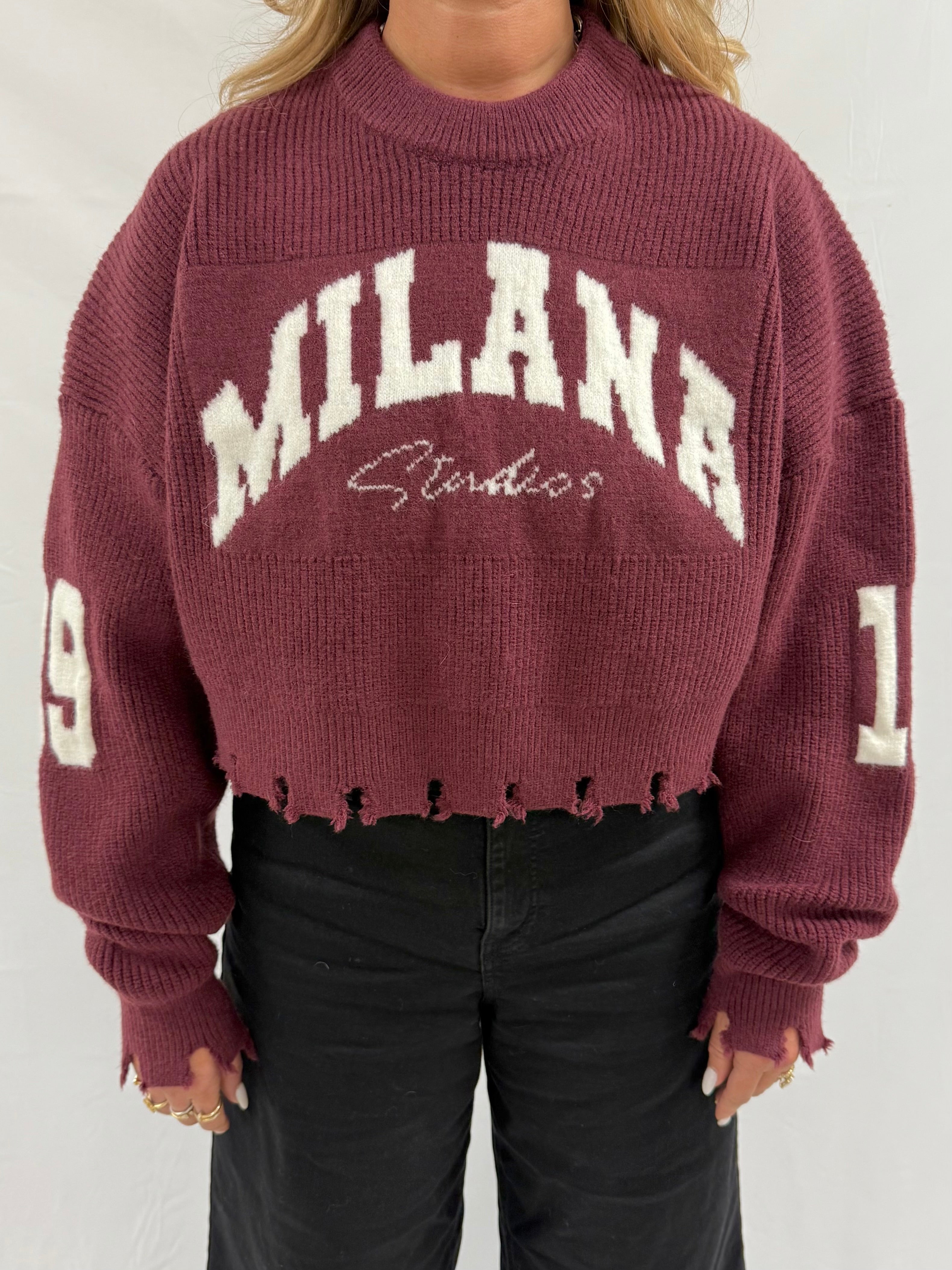 Burgundy 1989 Heavyweight Cropped Knitted Sweatshirt.