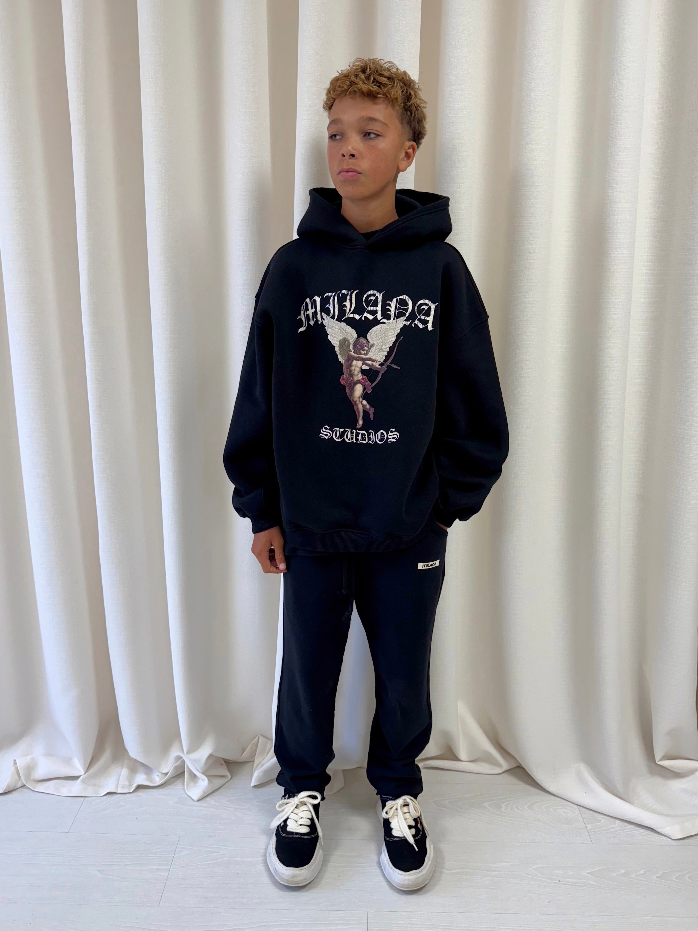 Black Vintage Cherub Kids Hoodie.