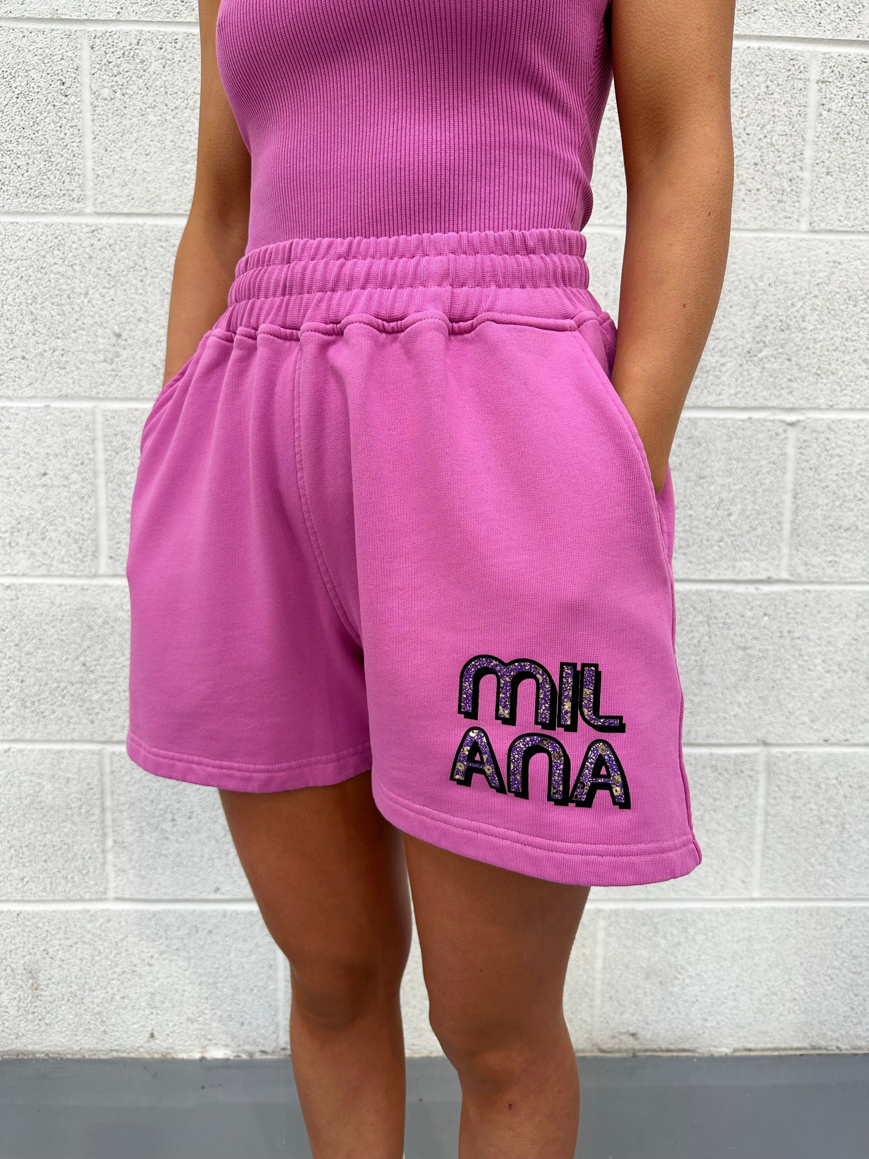 Raspberry Embellished Mini Shorts.
