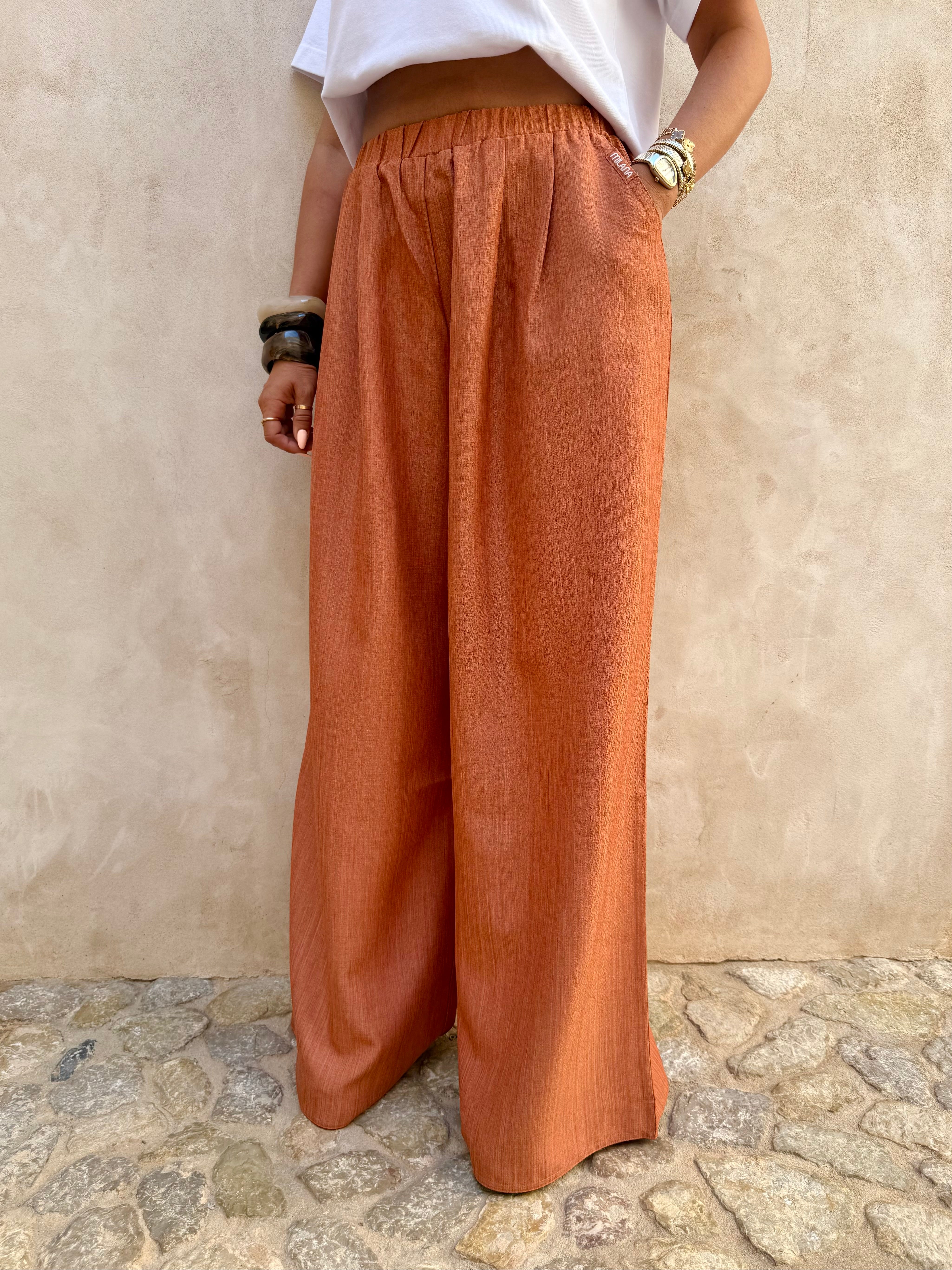 Burnt Orange Milana Wide Linen Trousers.