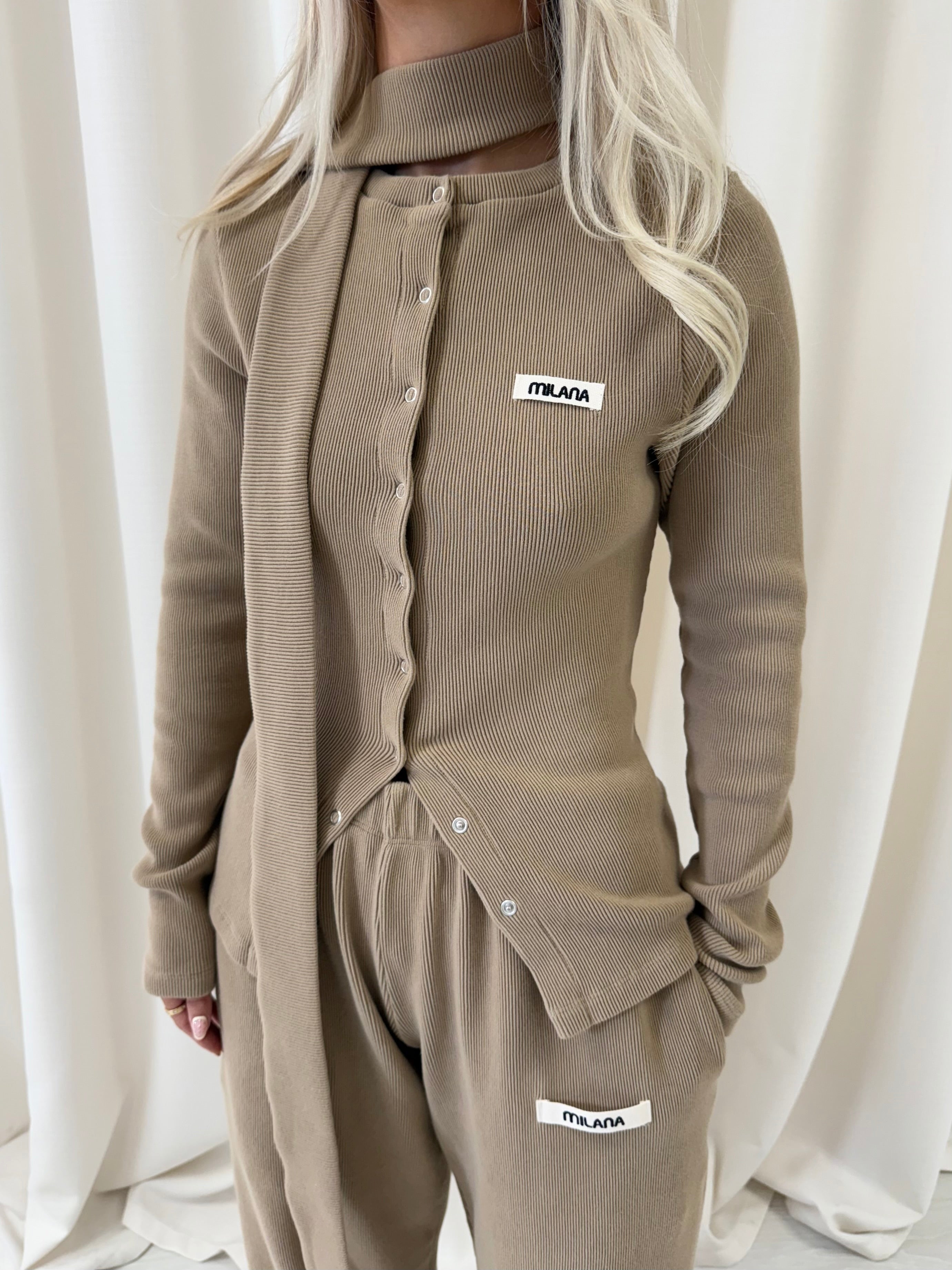Khaki Brown Core Button Soft Rib Long Sleeve.