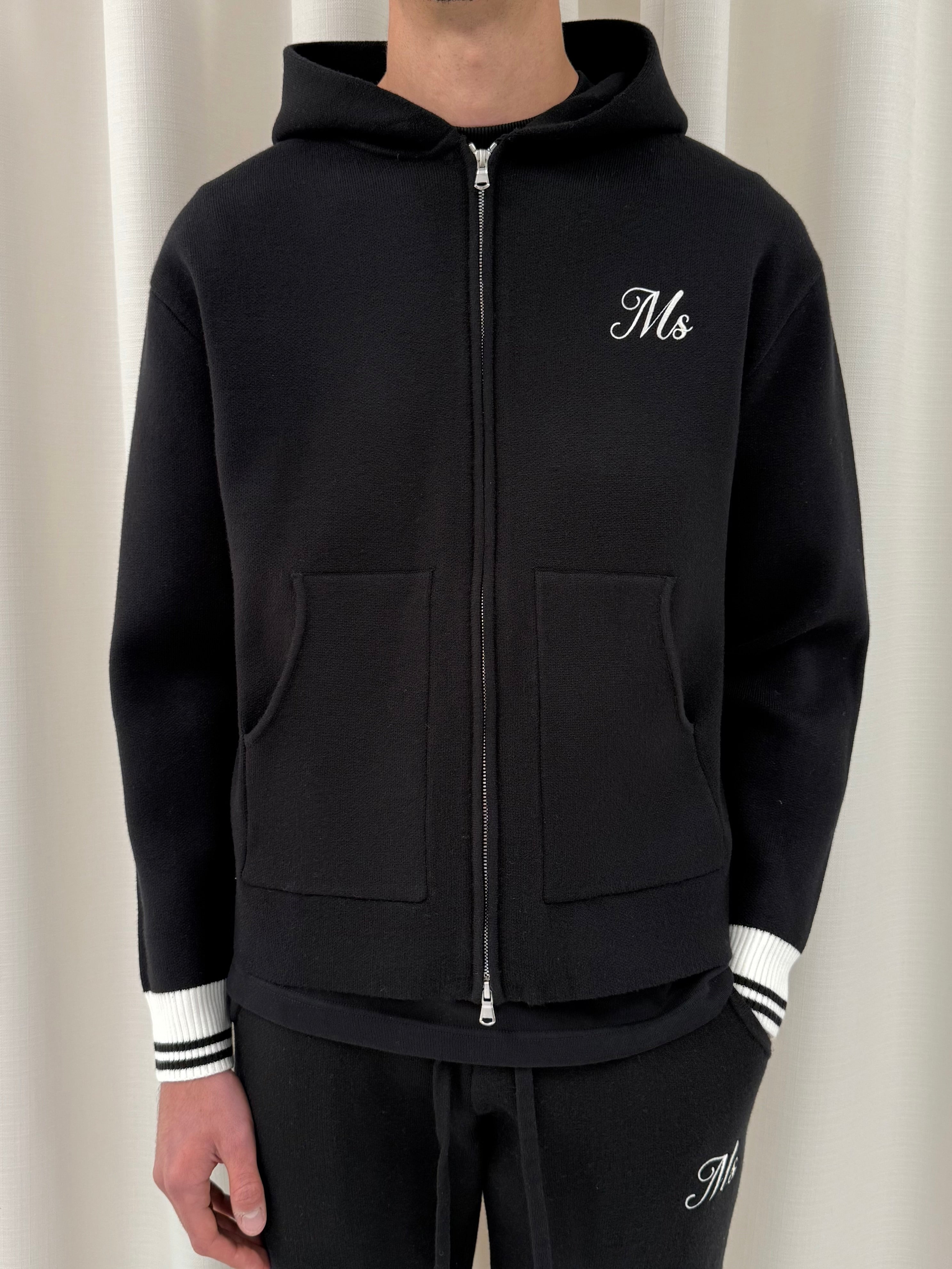 Black MS Knitted Heavyweight Zip Hoodie.