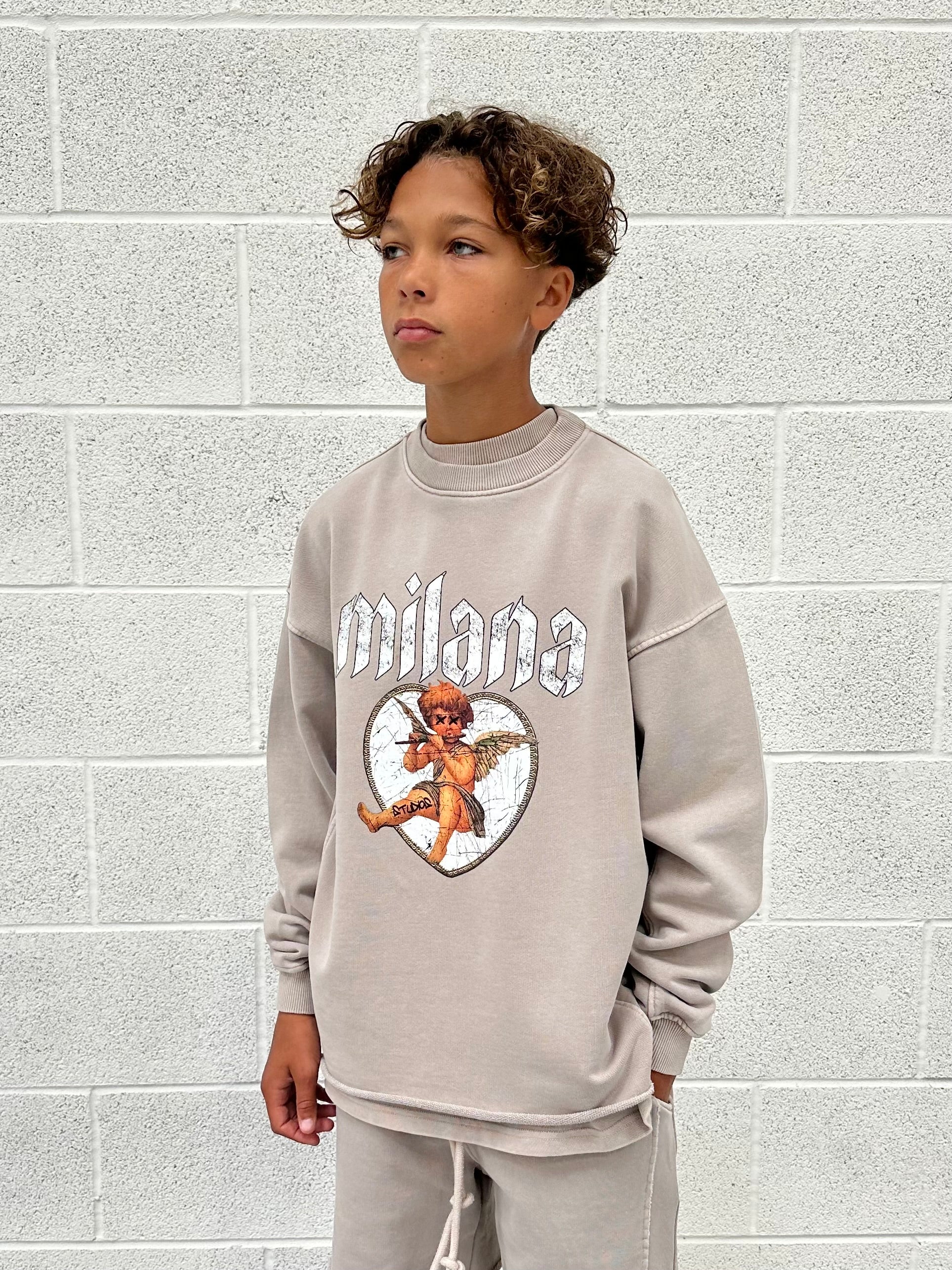 Washed Taupe Cherub Kids Open Hem Sweatshirt.