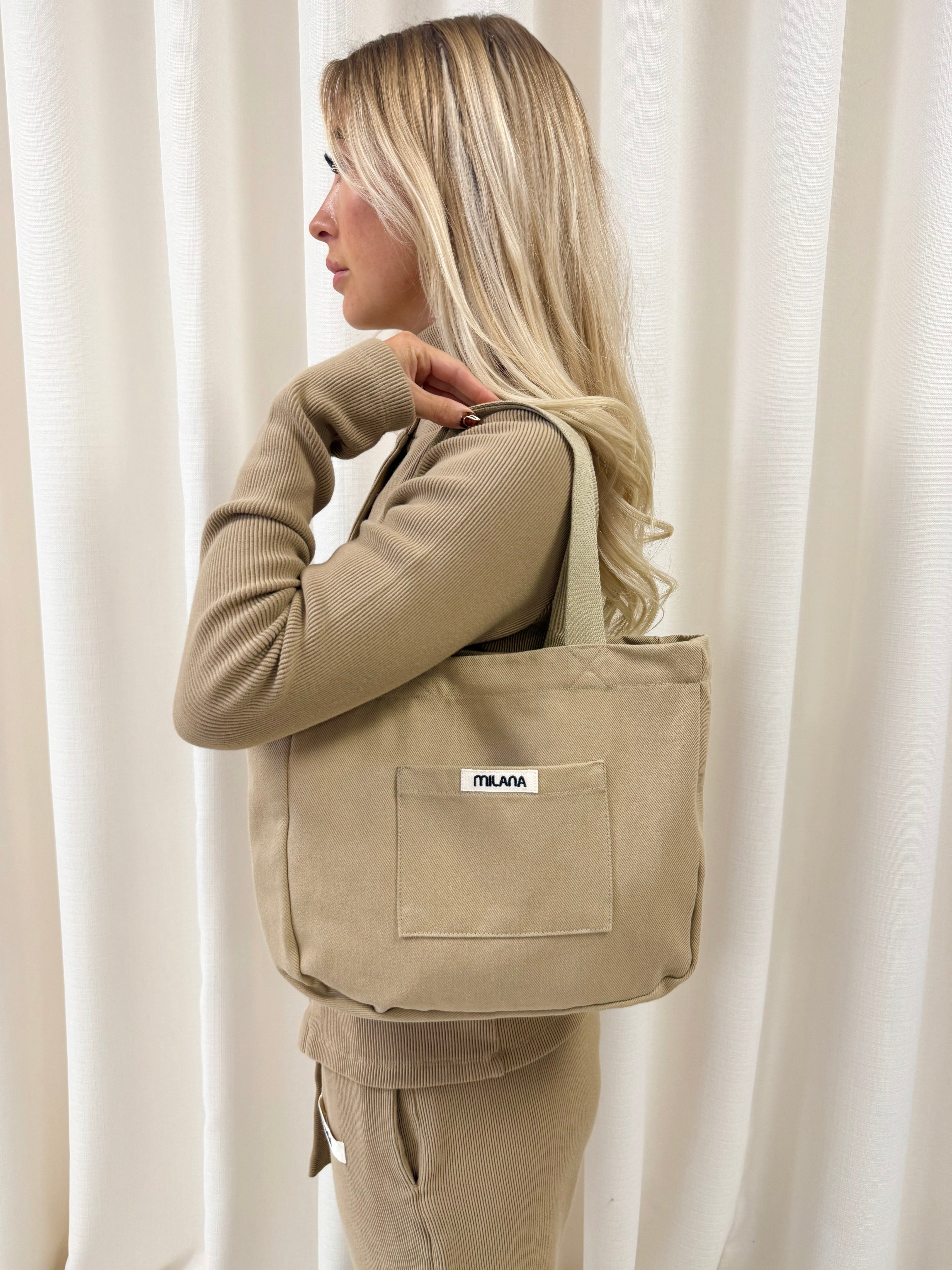 Khaki Brown Core Mini Pocket Tote Bag.