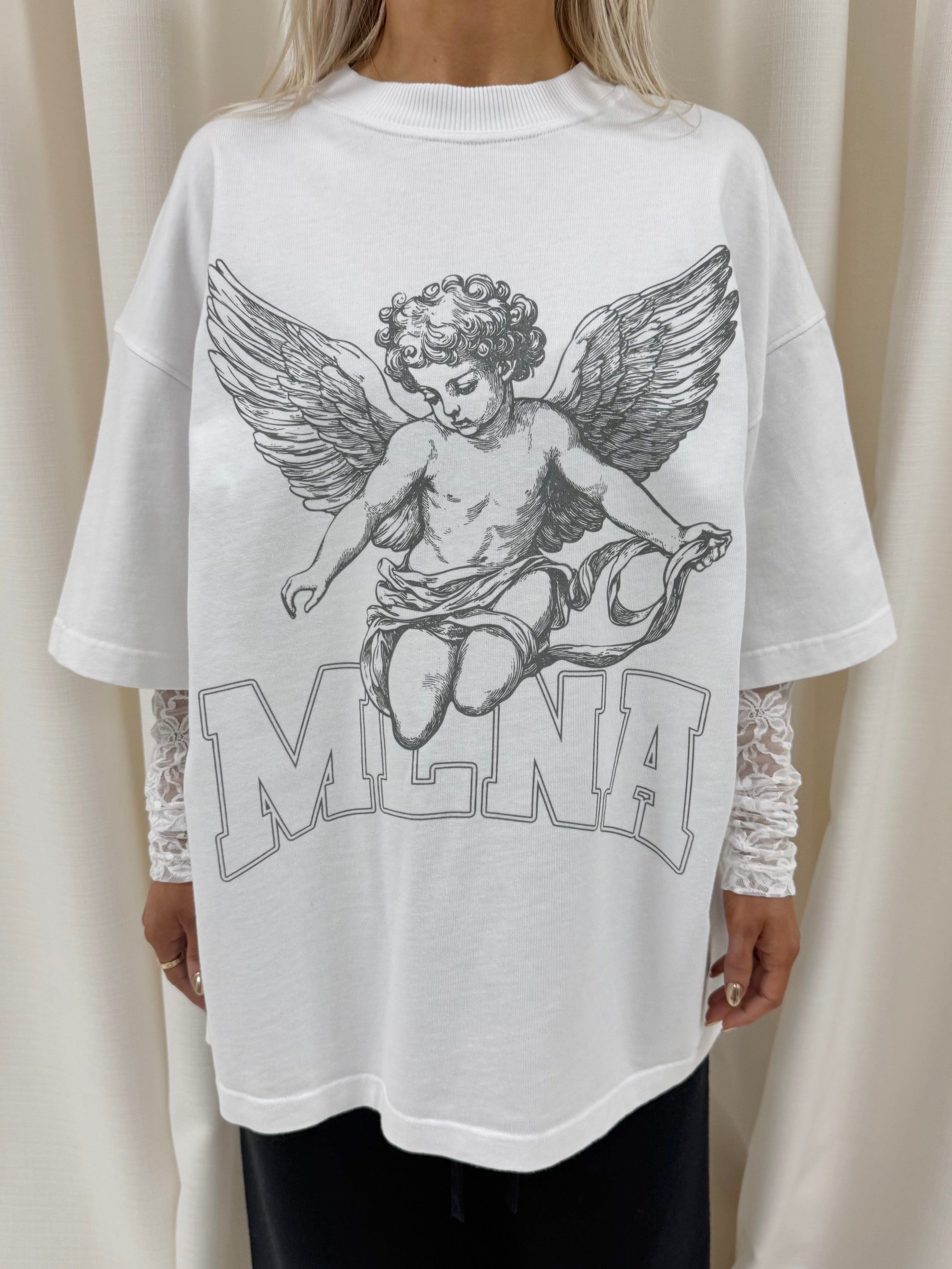 White Lace Stencilled Cherub Heavyweight T-shirt.