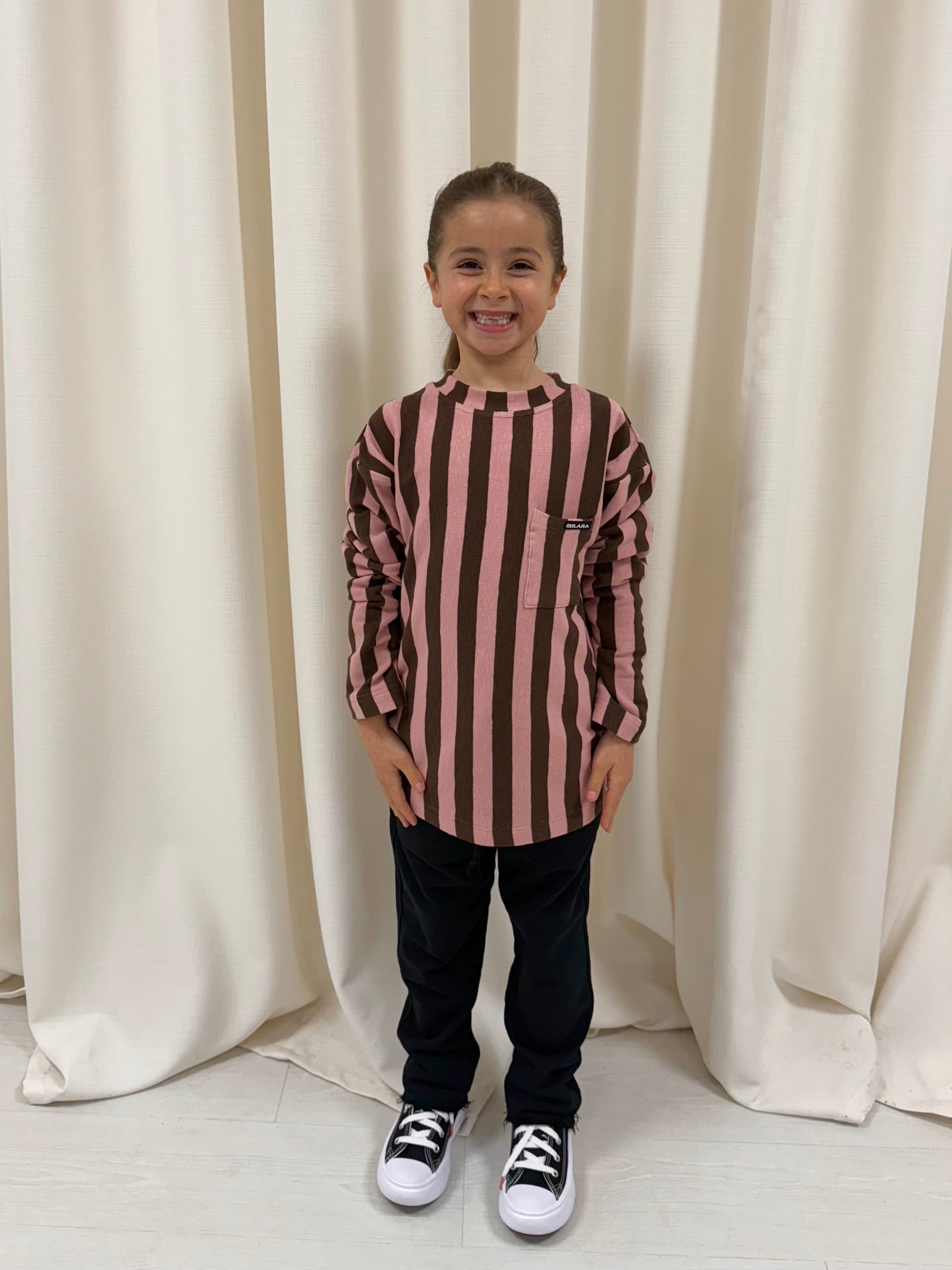 Chocolate Brown and Pink Striped Kids Knitted Long Sleeve.
