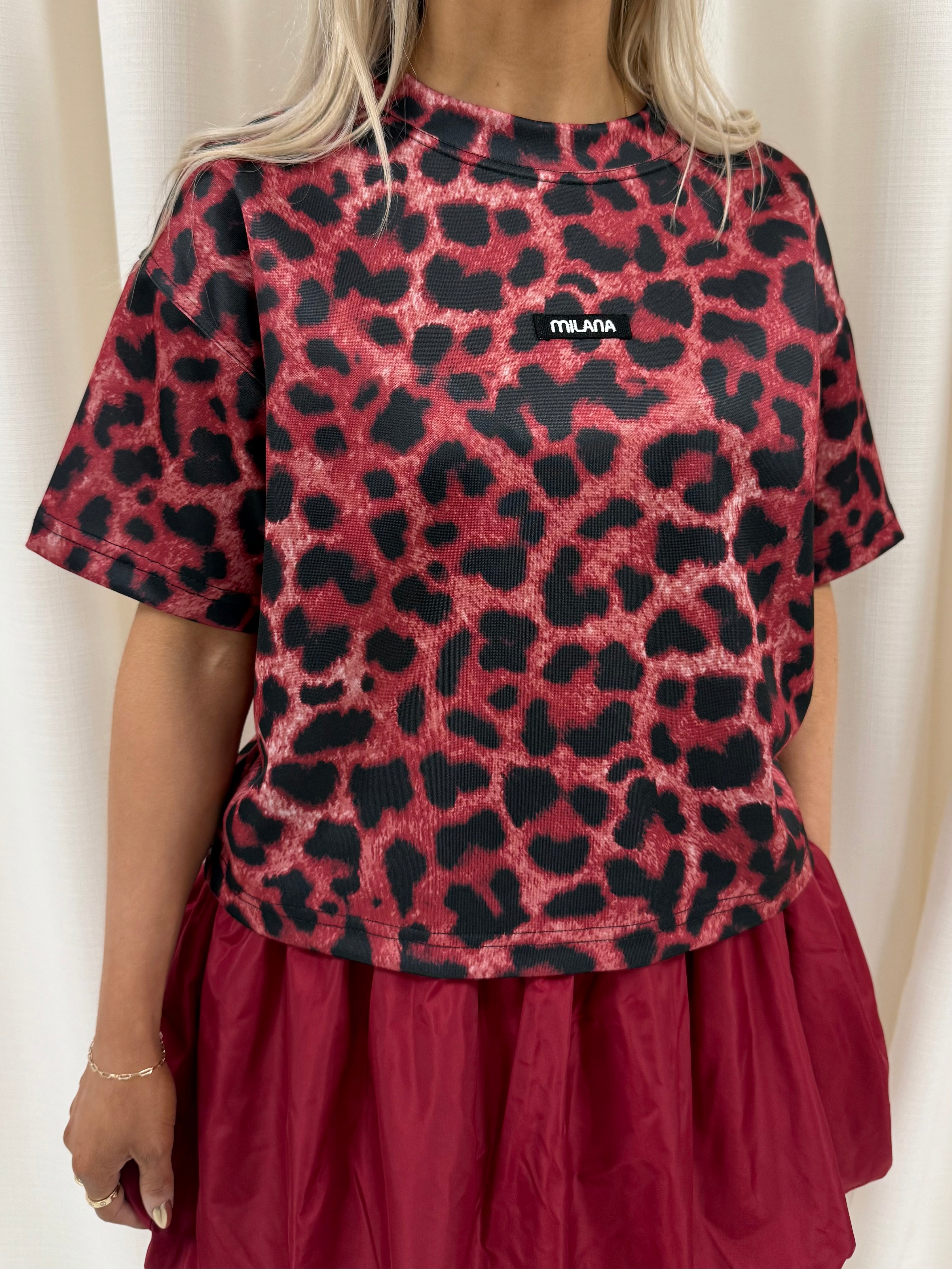 Burgundy Leopard Print Box T-shirt.