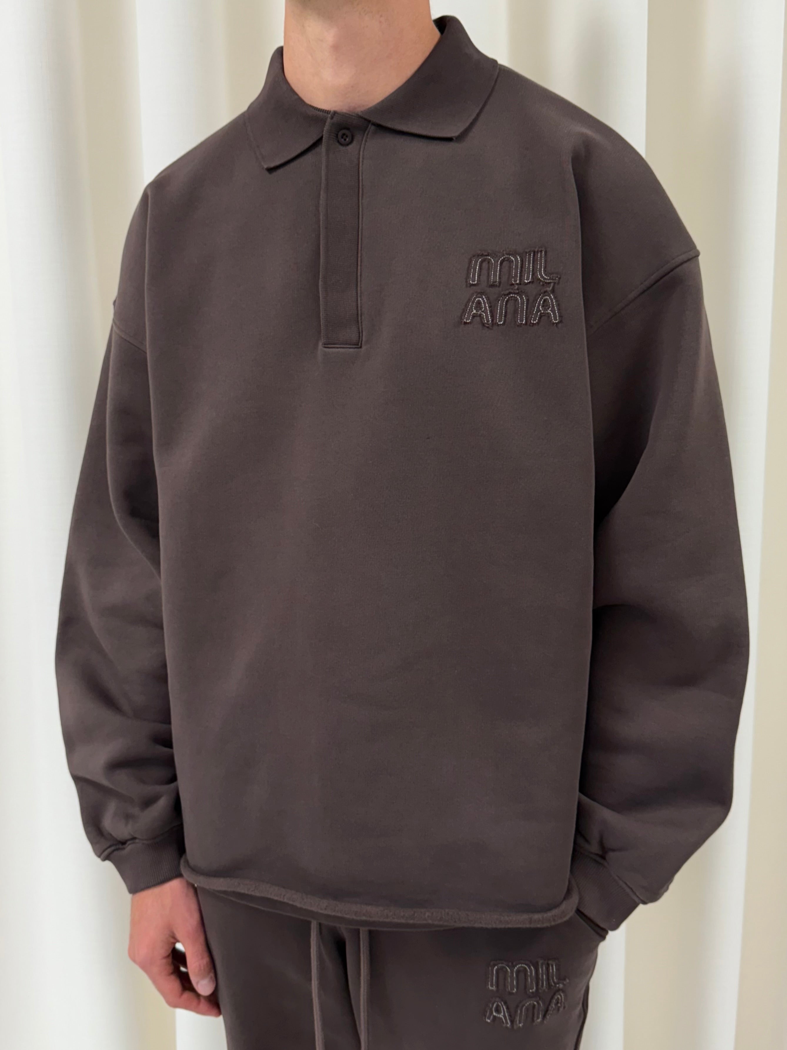Chocolate Milana Appliqué Open Hem Heavyweight Polo Sweat.