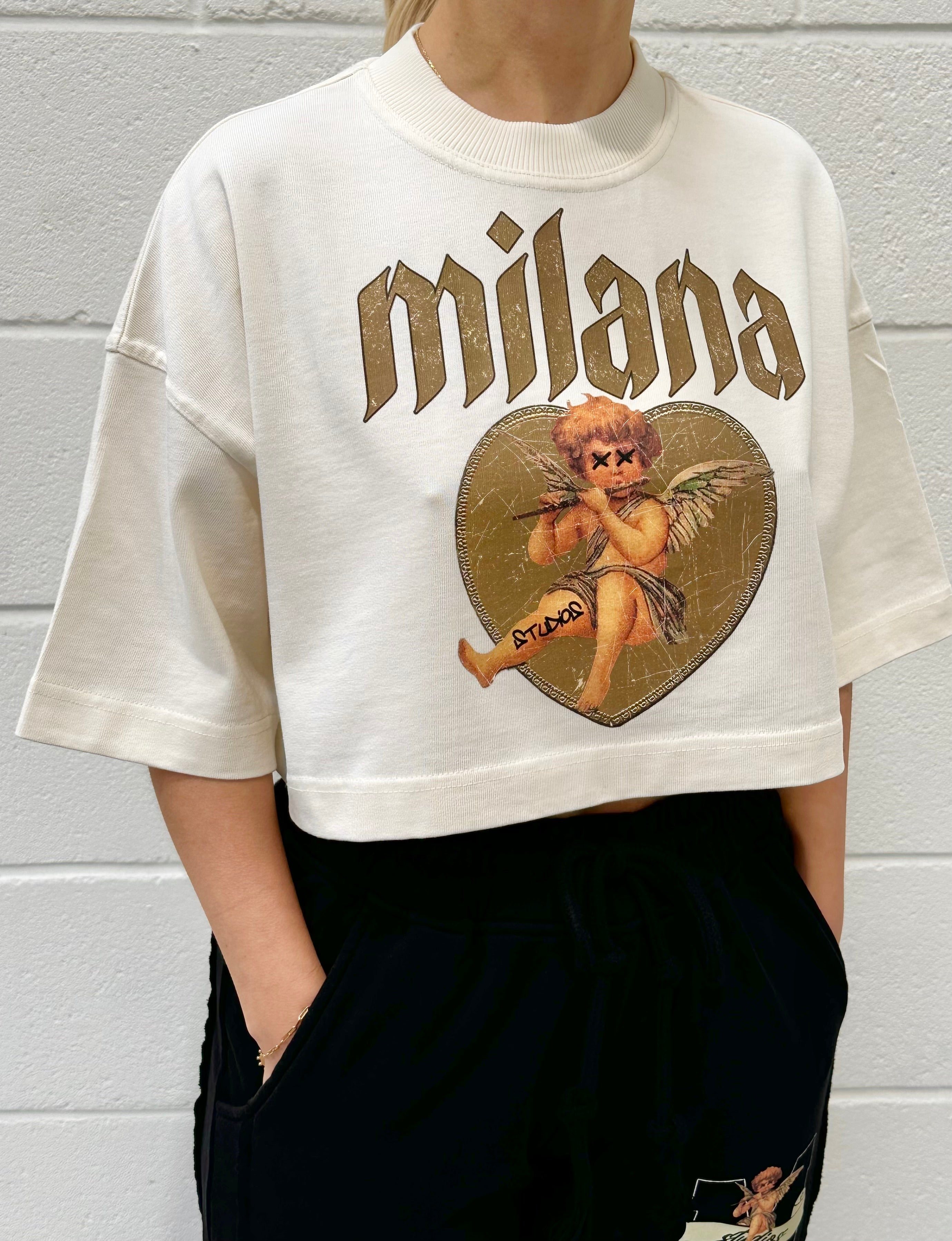 Cream Cherub Cropped Heavyweight T-shirt.