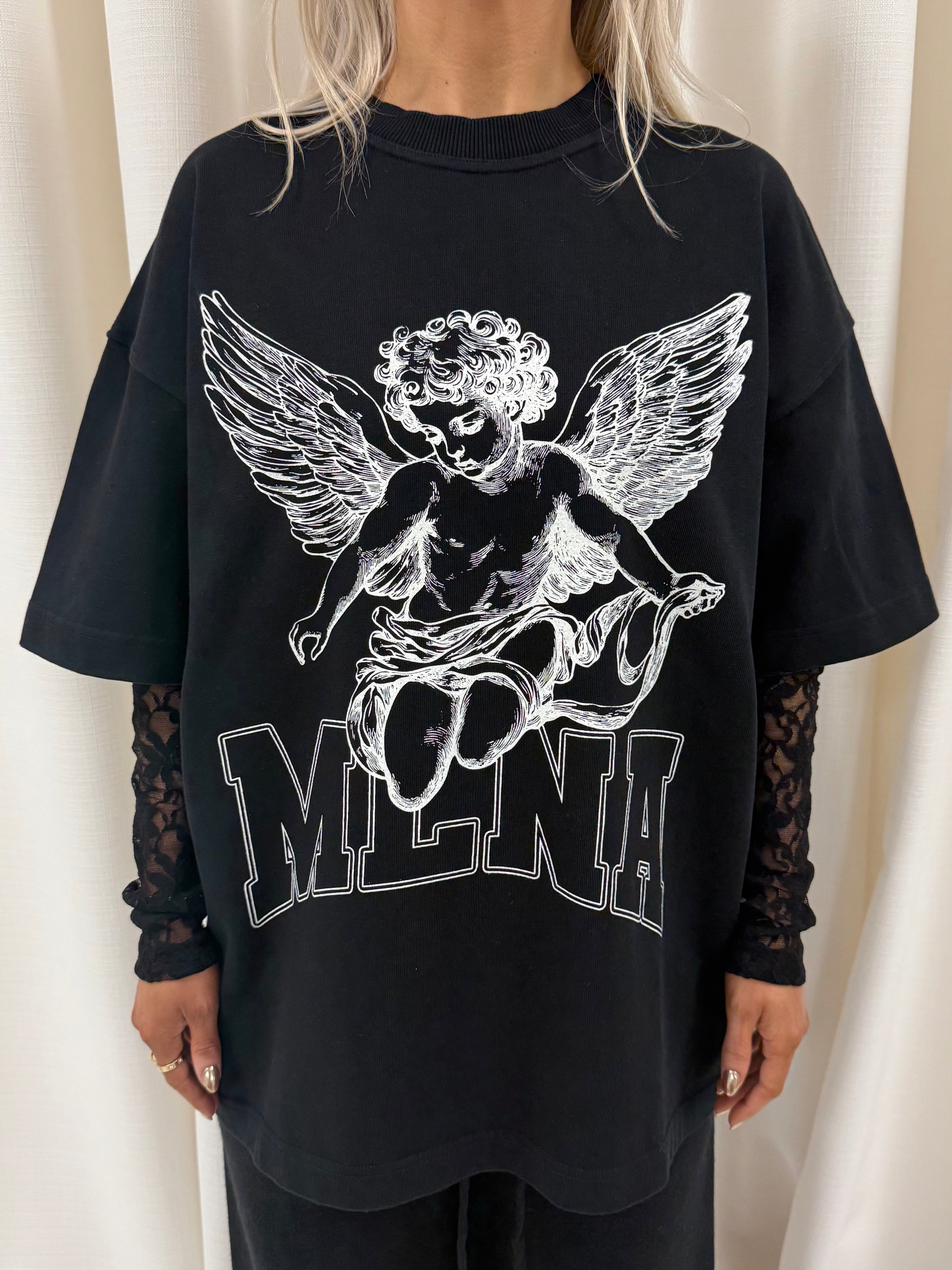 Black Lace Stenciled Cherub Heavyweight Long Sleeve.