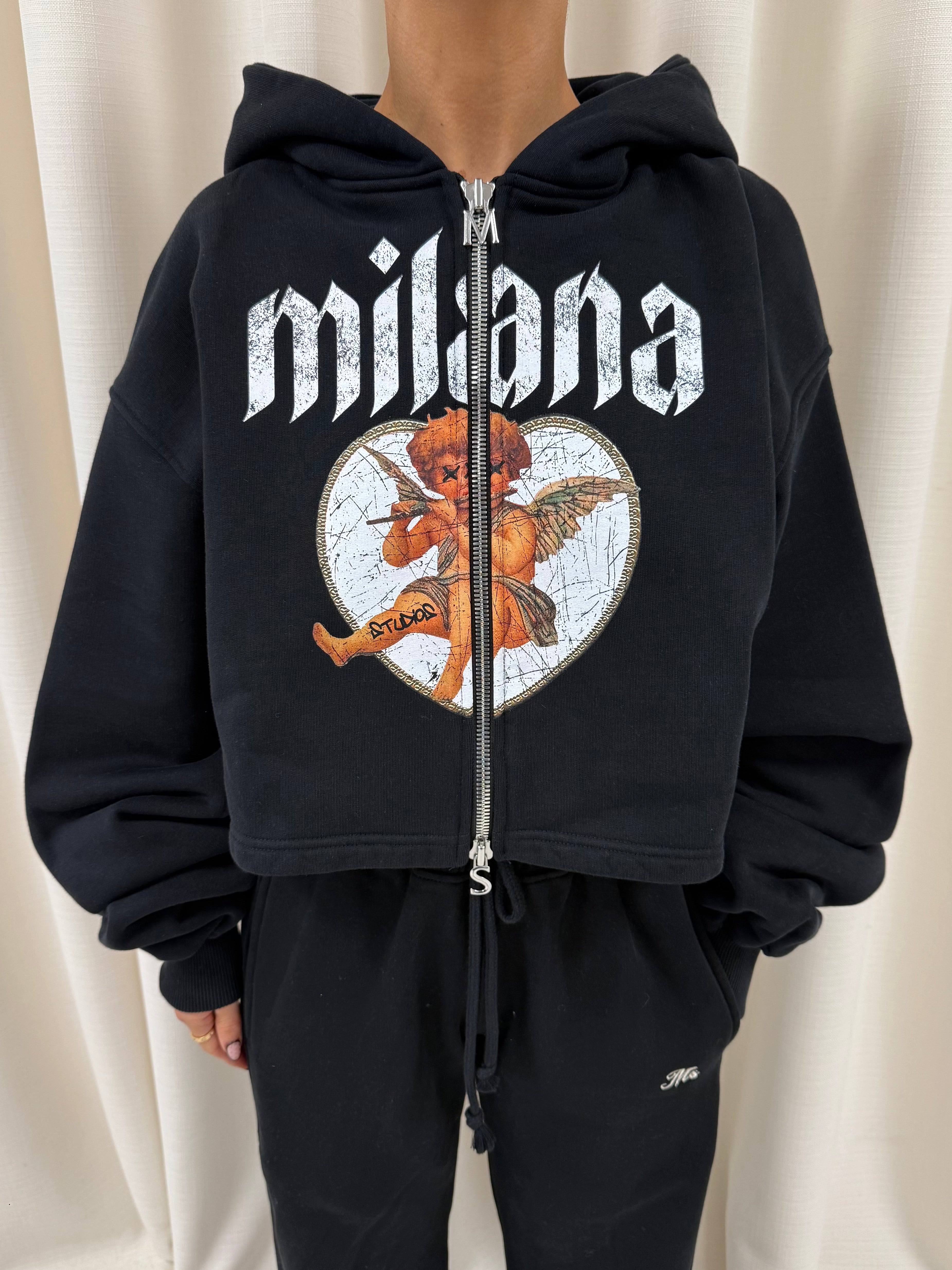 Black Cherub Cropped Heavyweight Zip Hoodie.