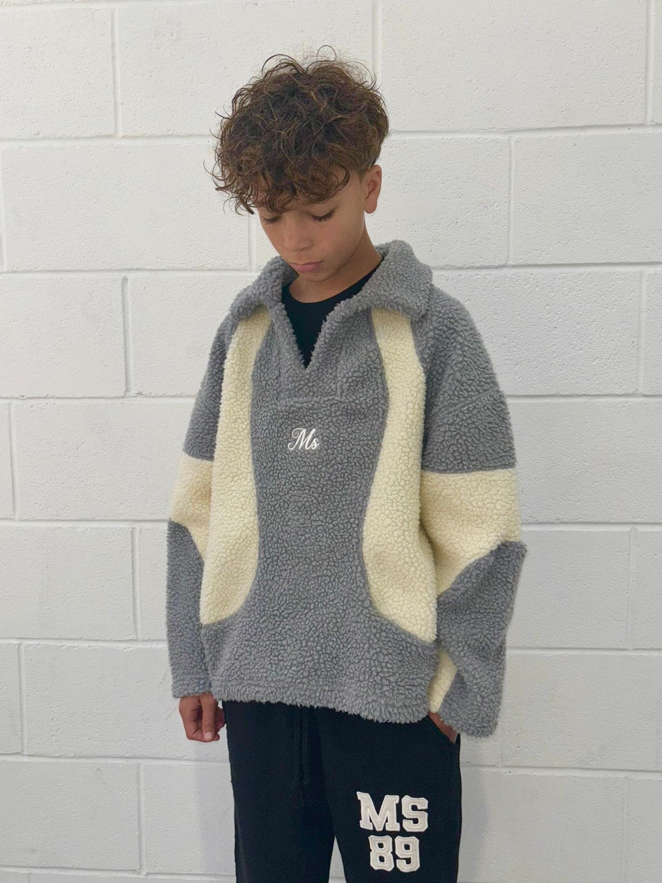 Beige & Grey Two Tone V Collar Kids Fleece.