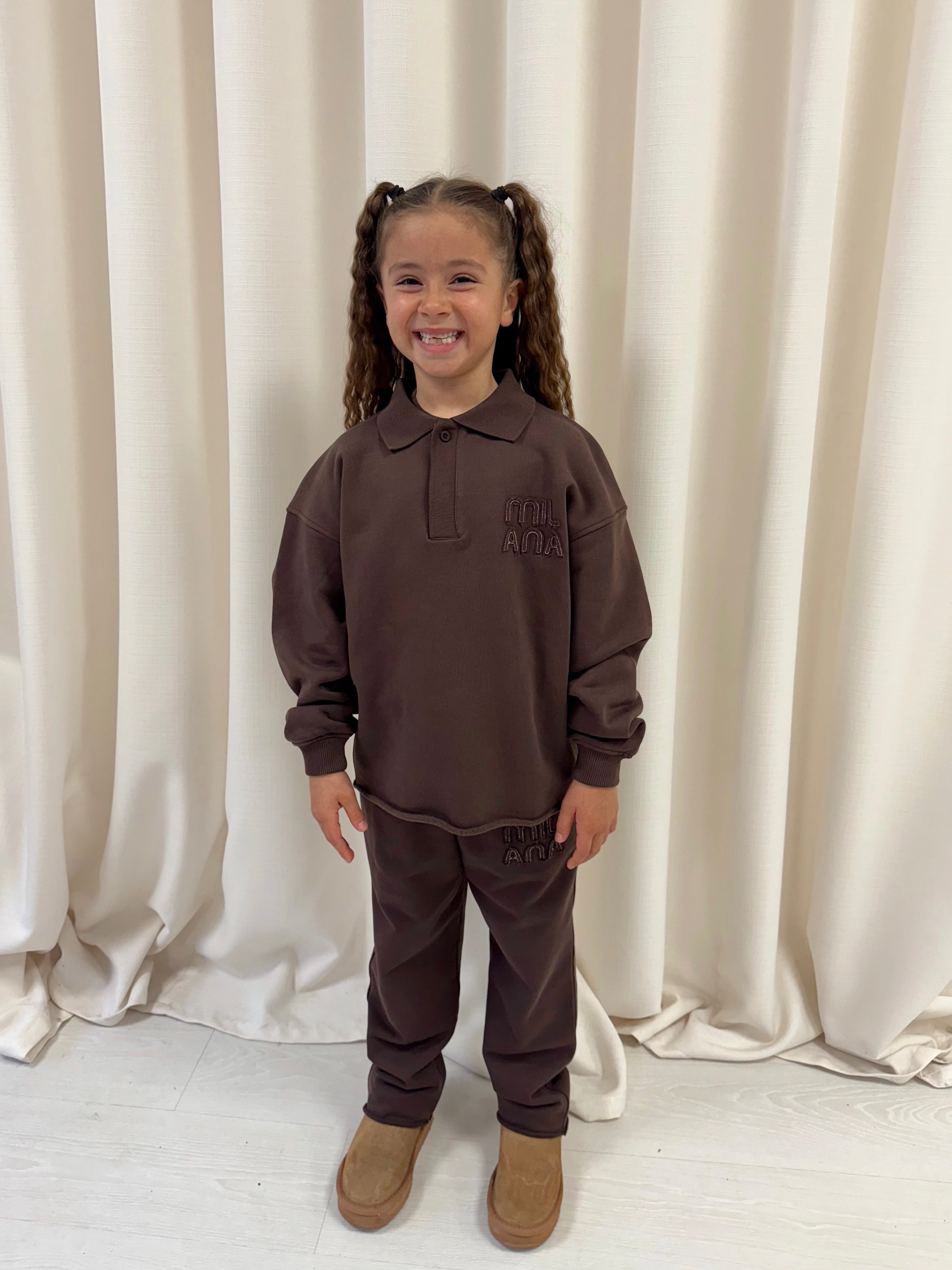 Chocolate Brown Appliqué Kids Open Hem Polo Sweat.