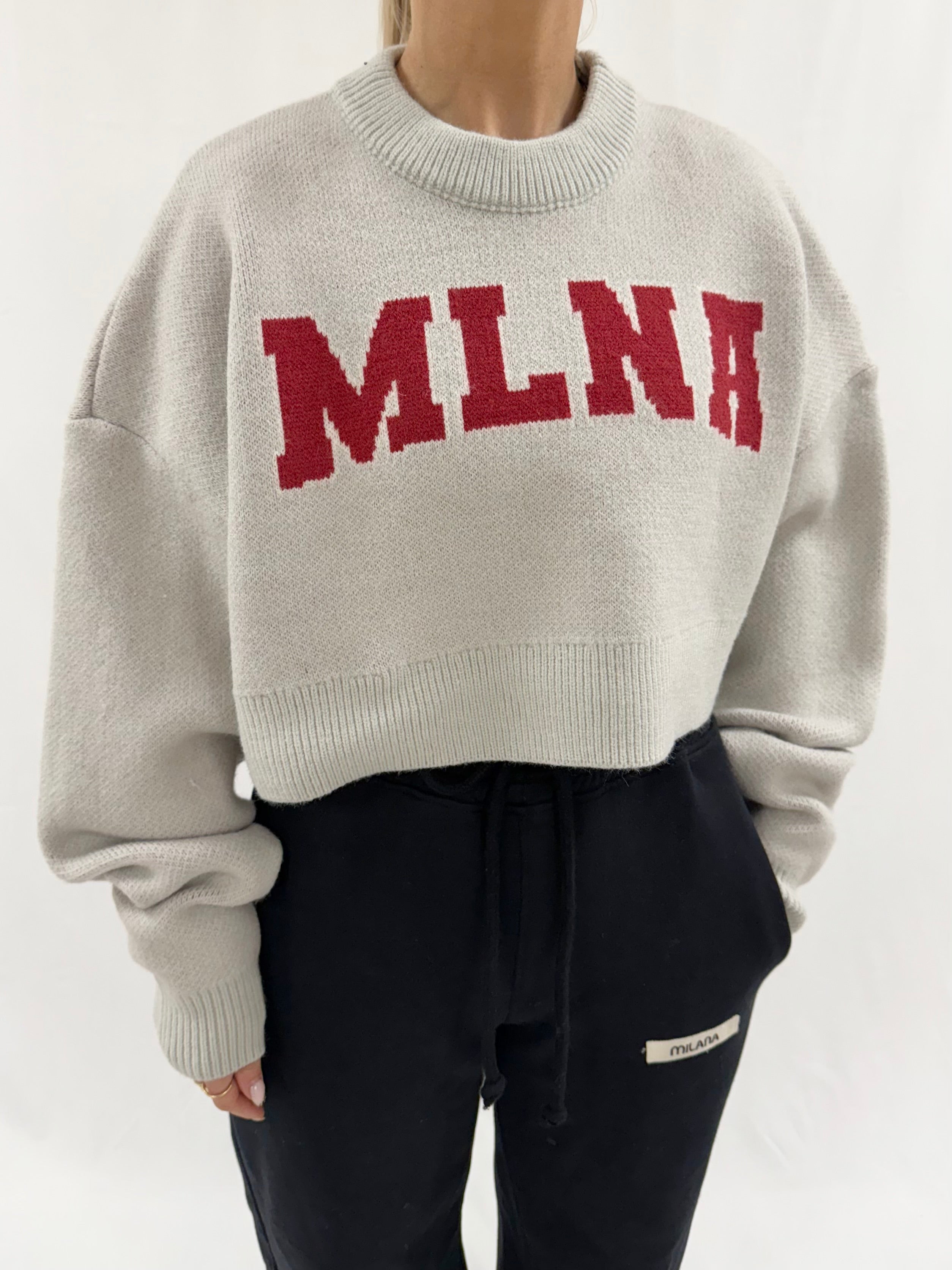 Grey MLNA Heavyweight Cropped Knitted Sweatshirt.