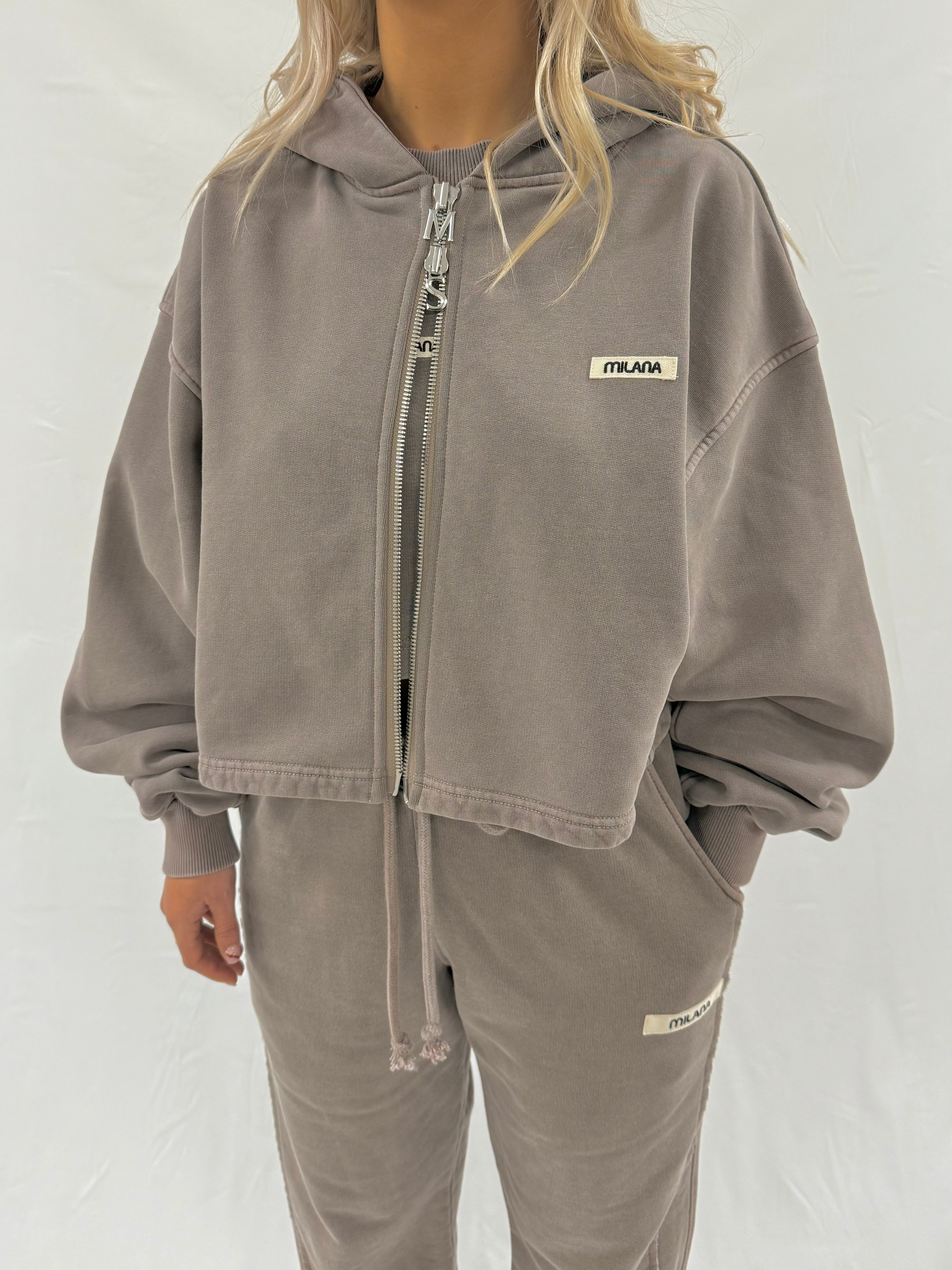 Washed Brown Core Heavyweight Cropped Zip Hoodie.