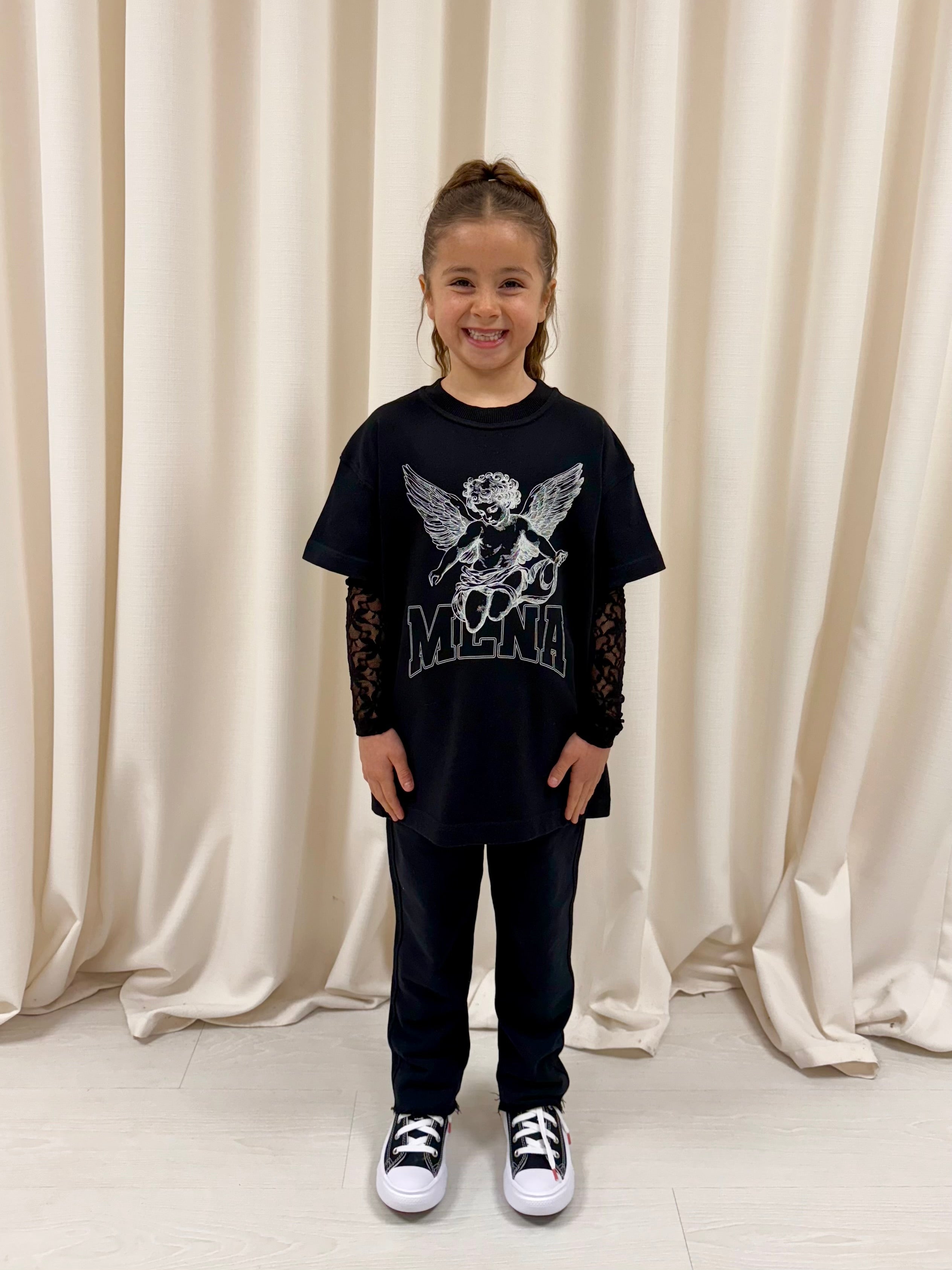 Black Stencilled Cherub Lace Kids Long Sleeve.