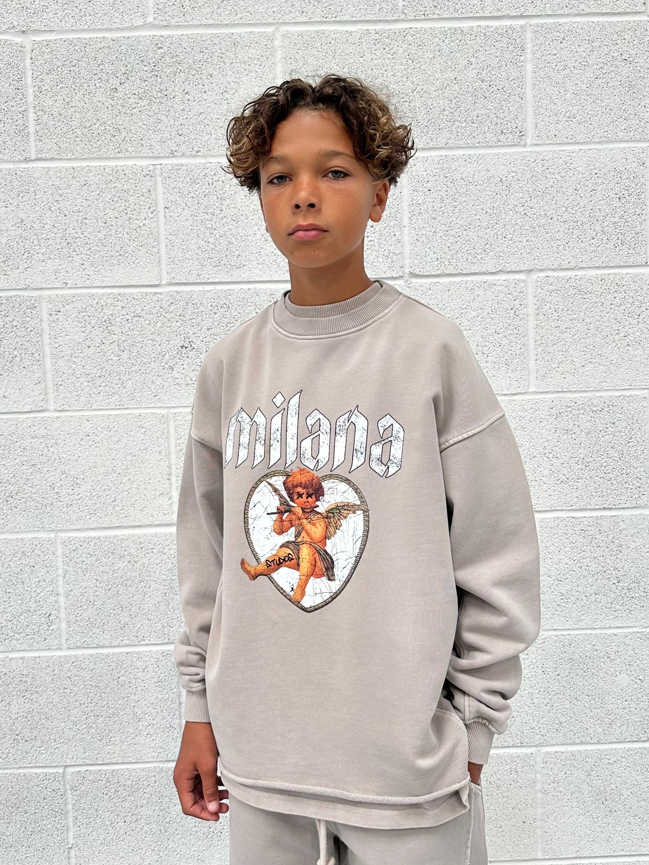 Washed Taupe Cherub Kids Open Hem Sweatshirt.