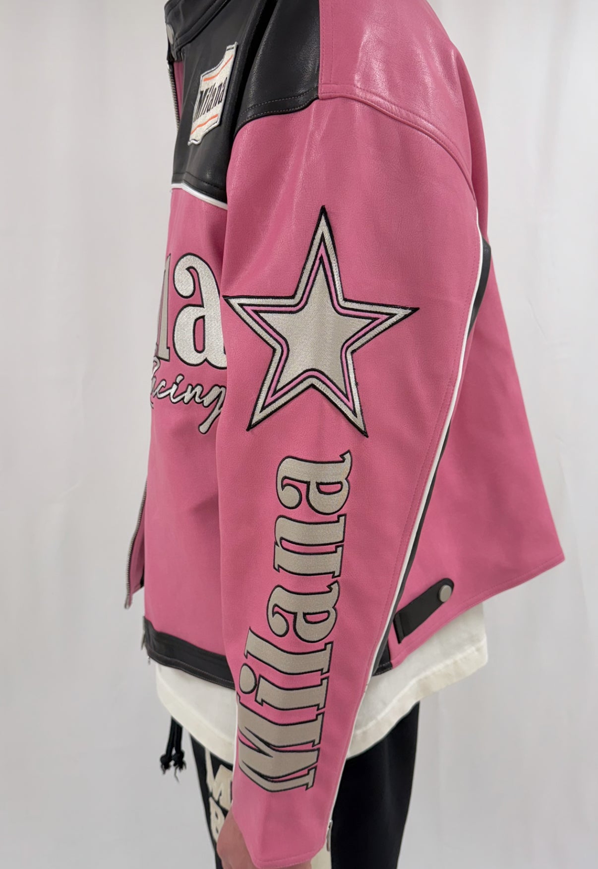 Pink Heavyweight Leather Biker Jacket.