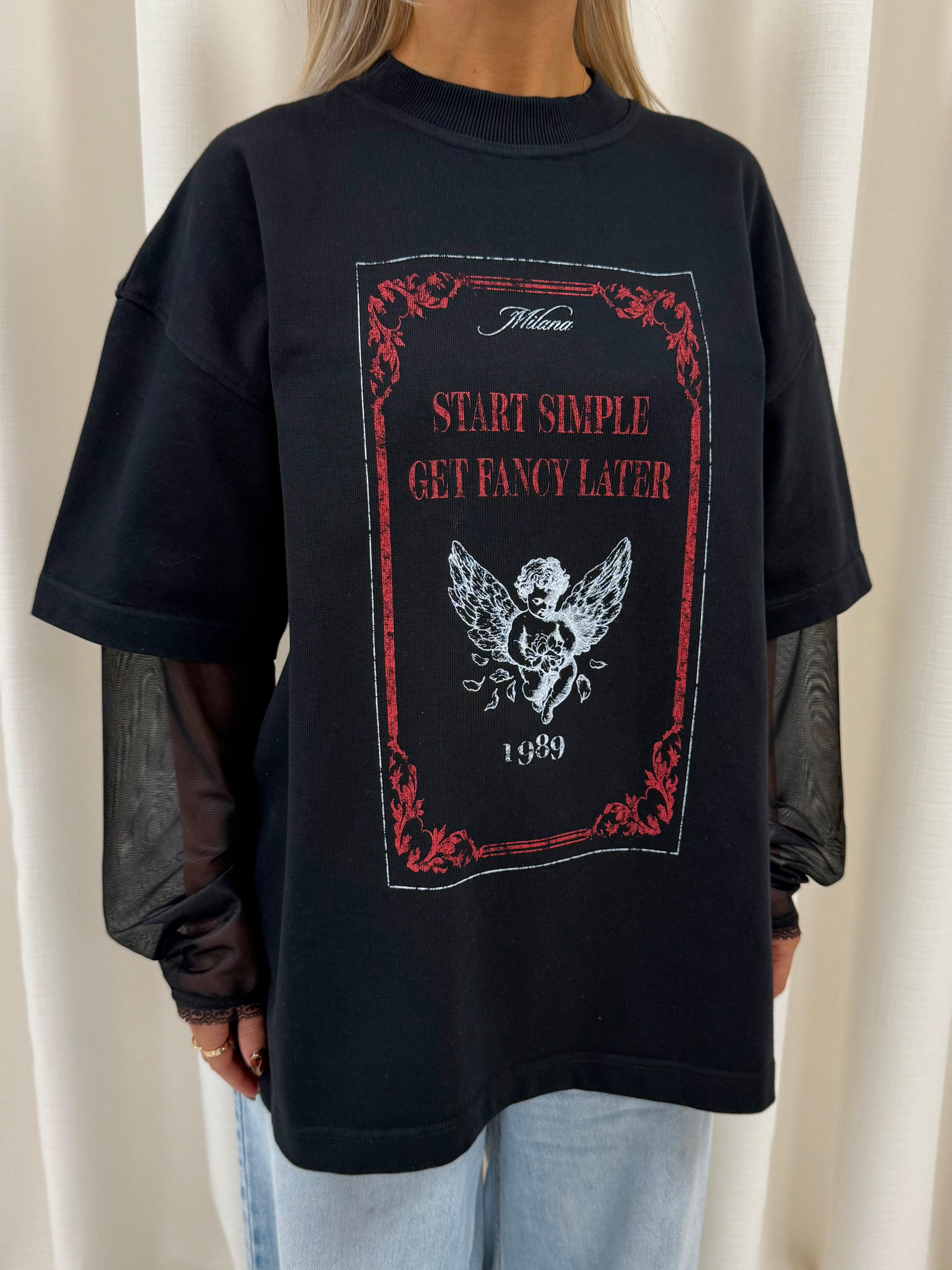 Black Cherub Stamp Mesh Heavyweight Long Sleeve.