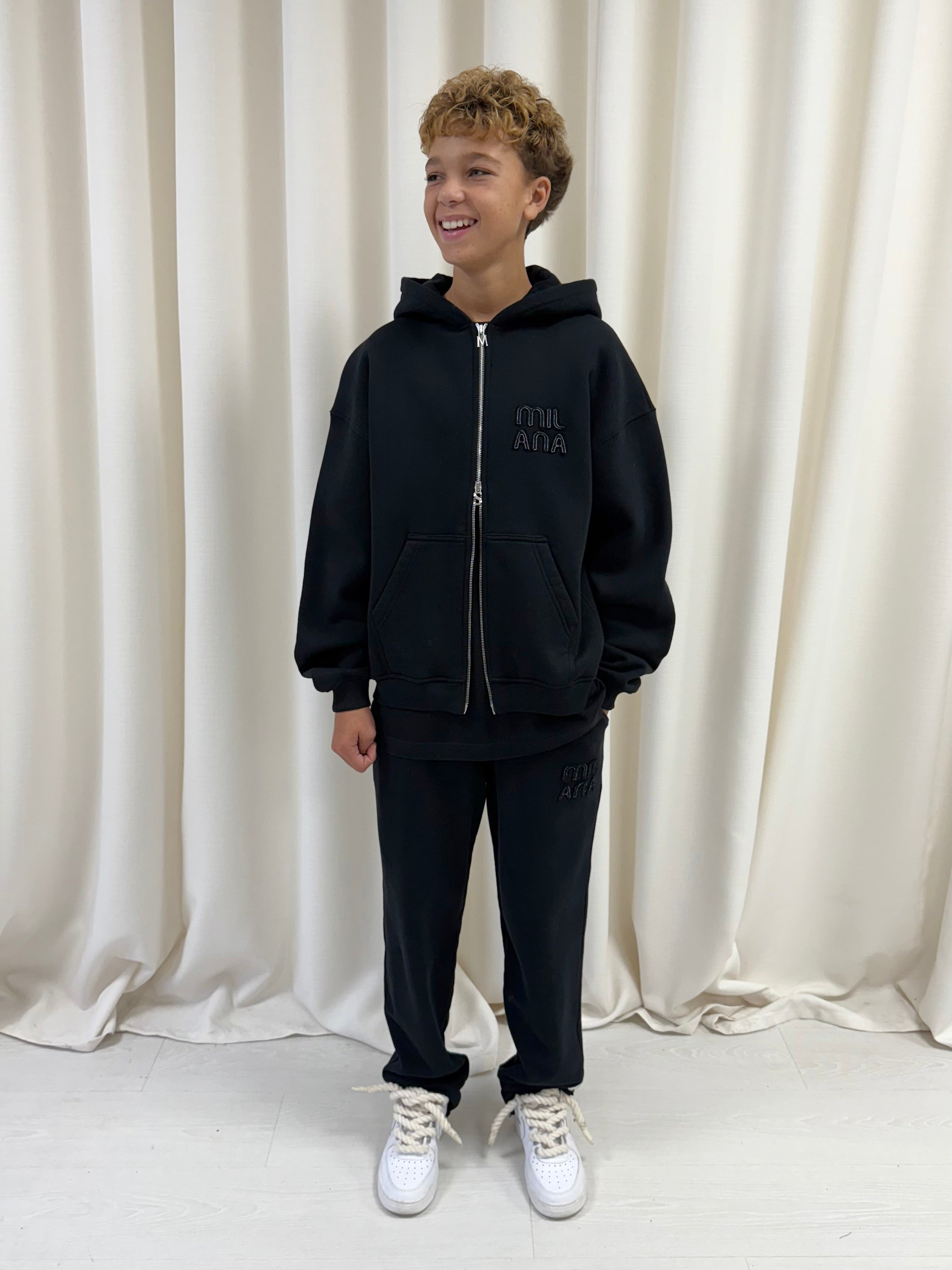 Black Appliqué Kids Zip Hoodie.