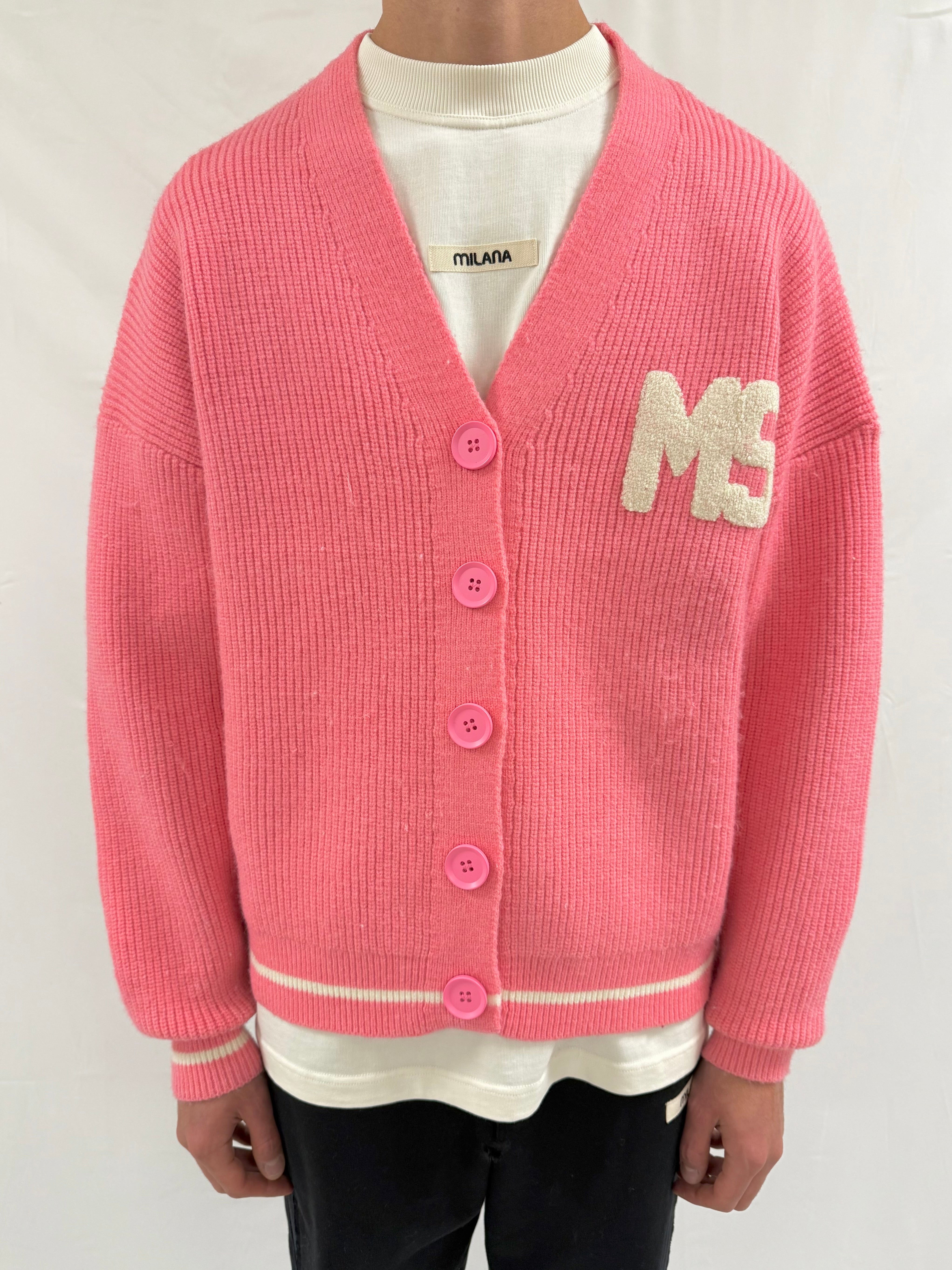 Pink MS Heavyweight Knitted Cardigan.