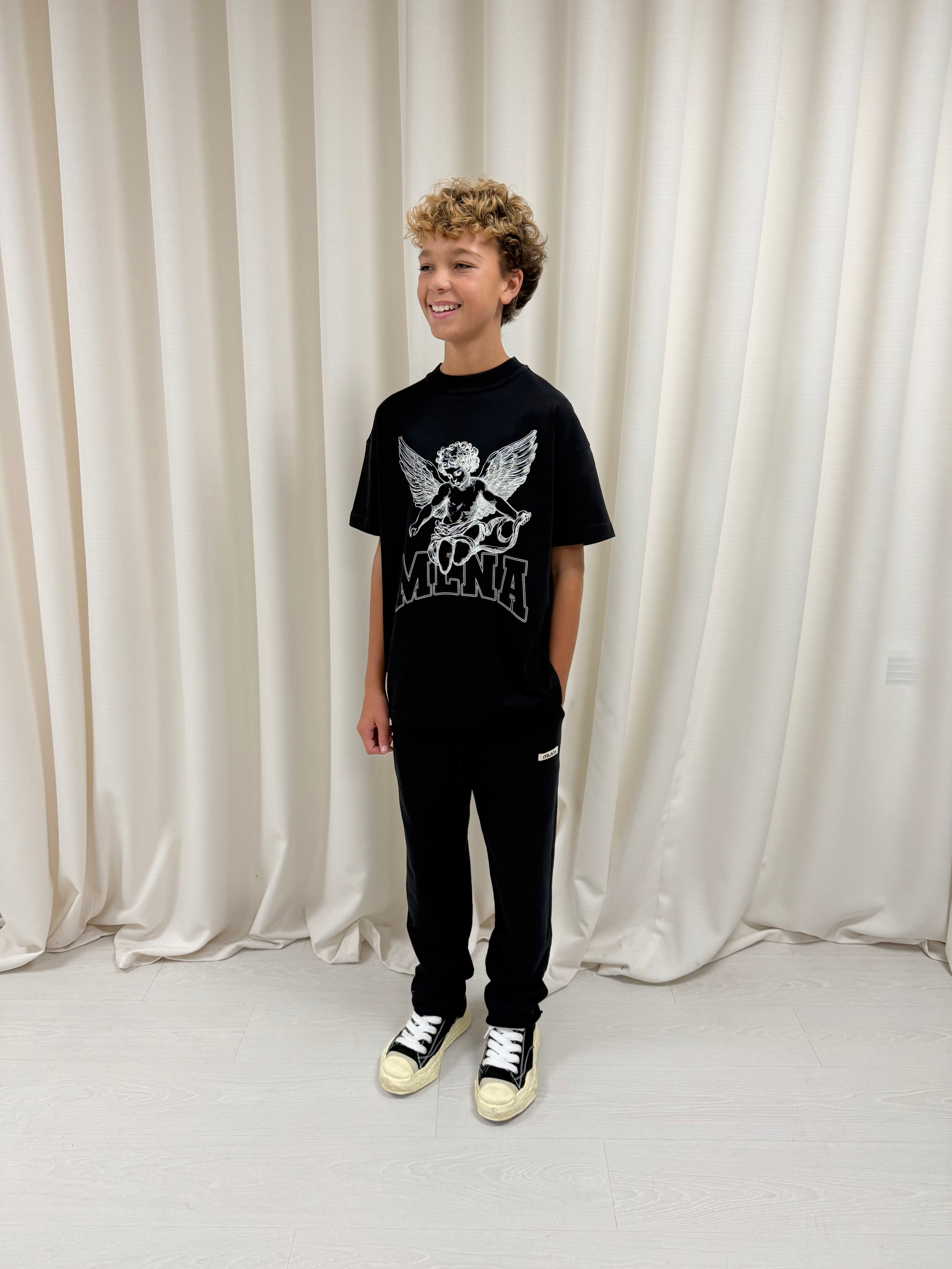 Black Stencilled Cherub Kids T-shirt.