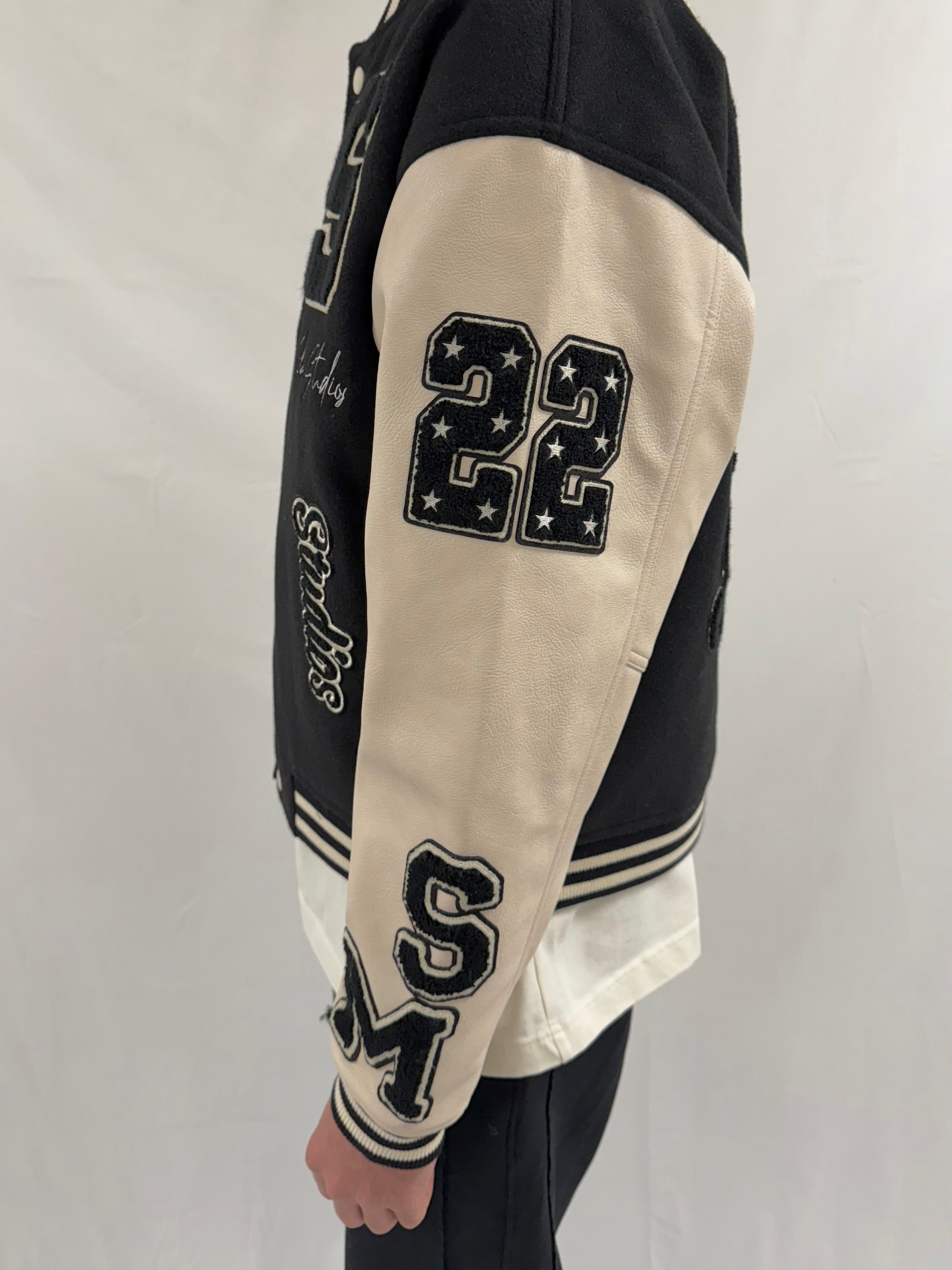 Black Heavyweight Varsity Bomber Jacket.