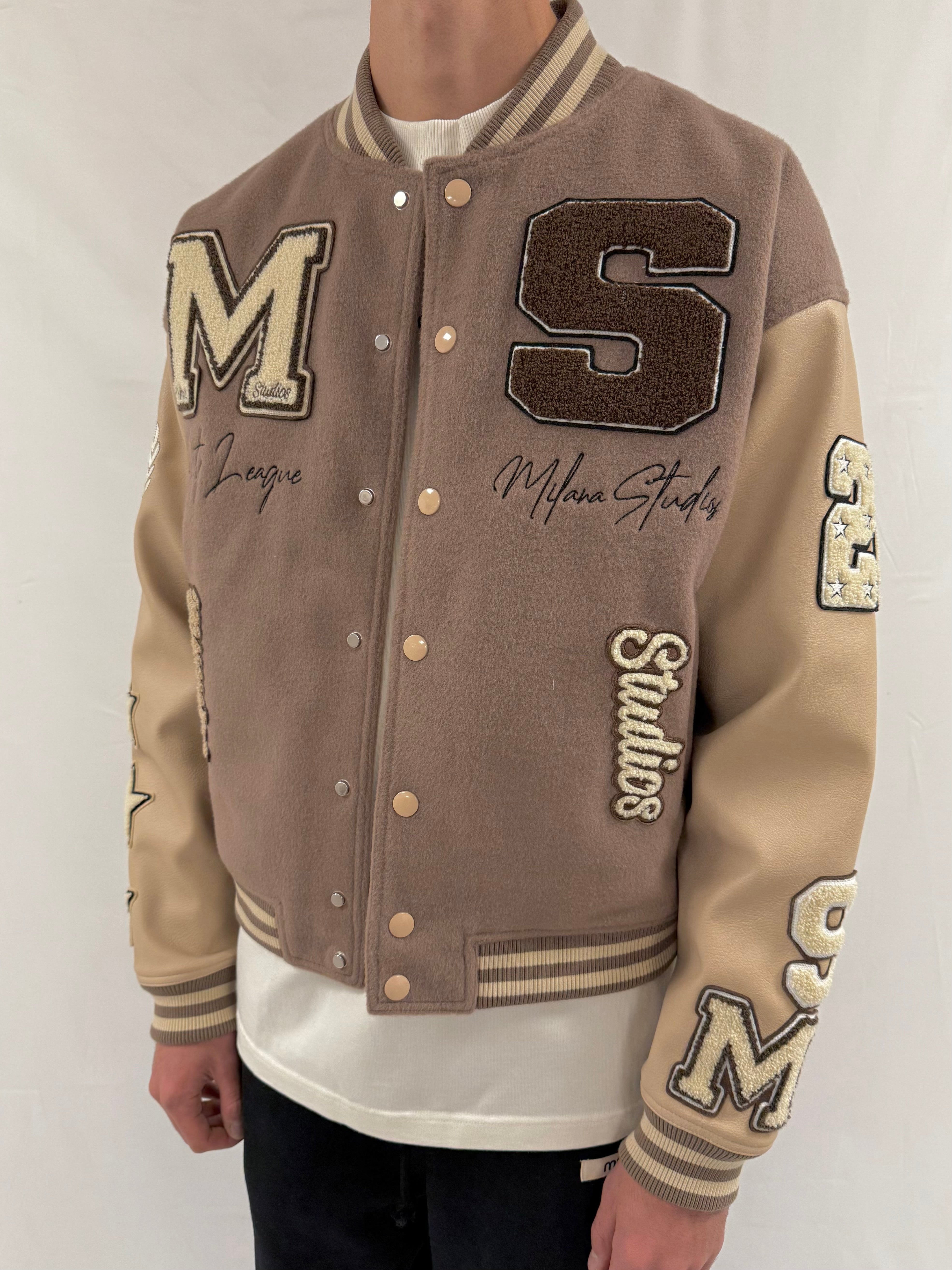 Brown Heavyweight Varsity Bomber Jacket.