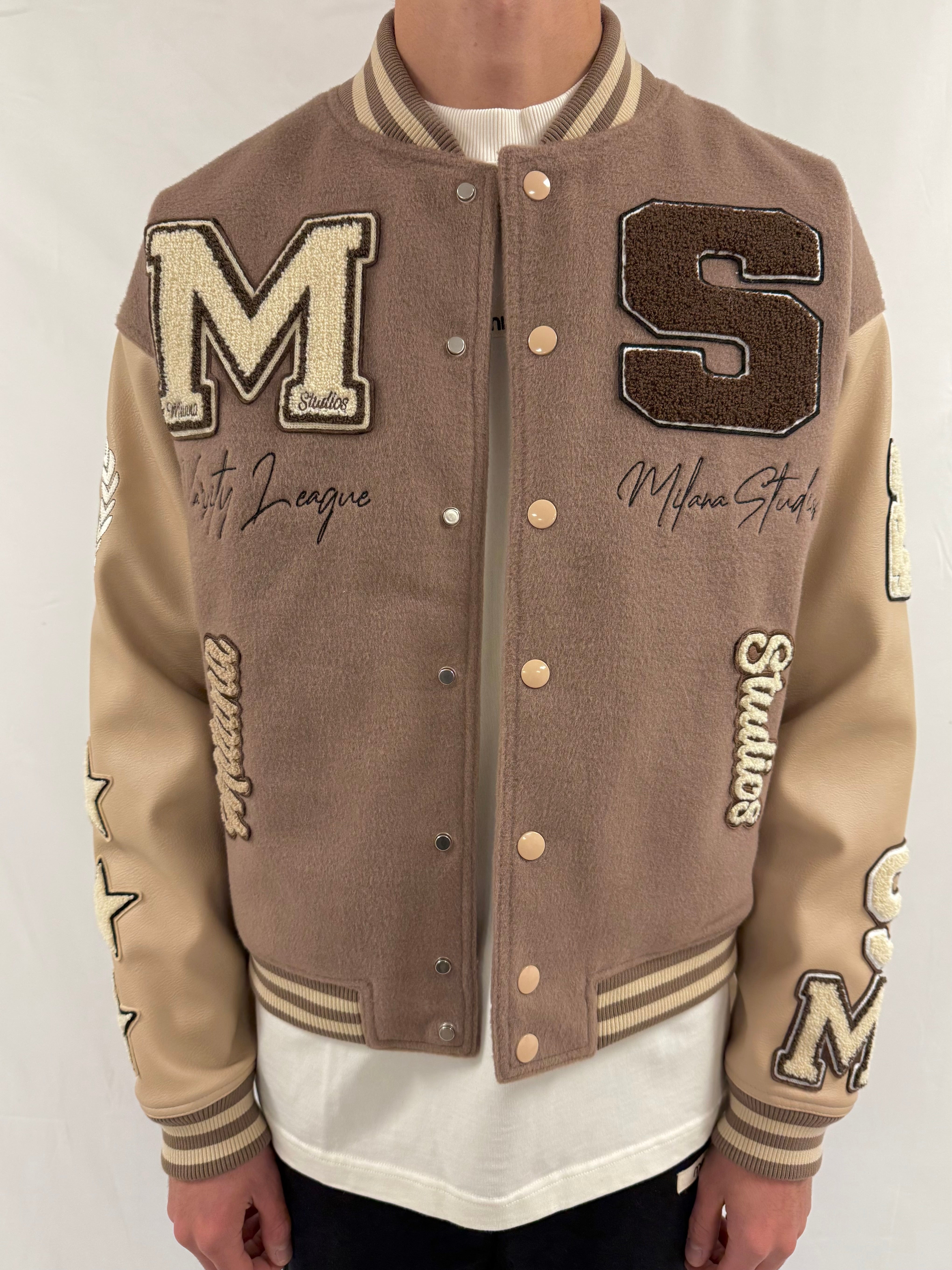 Brown Heavyweight Varsity Bomber Jacket.