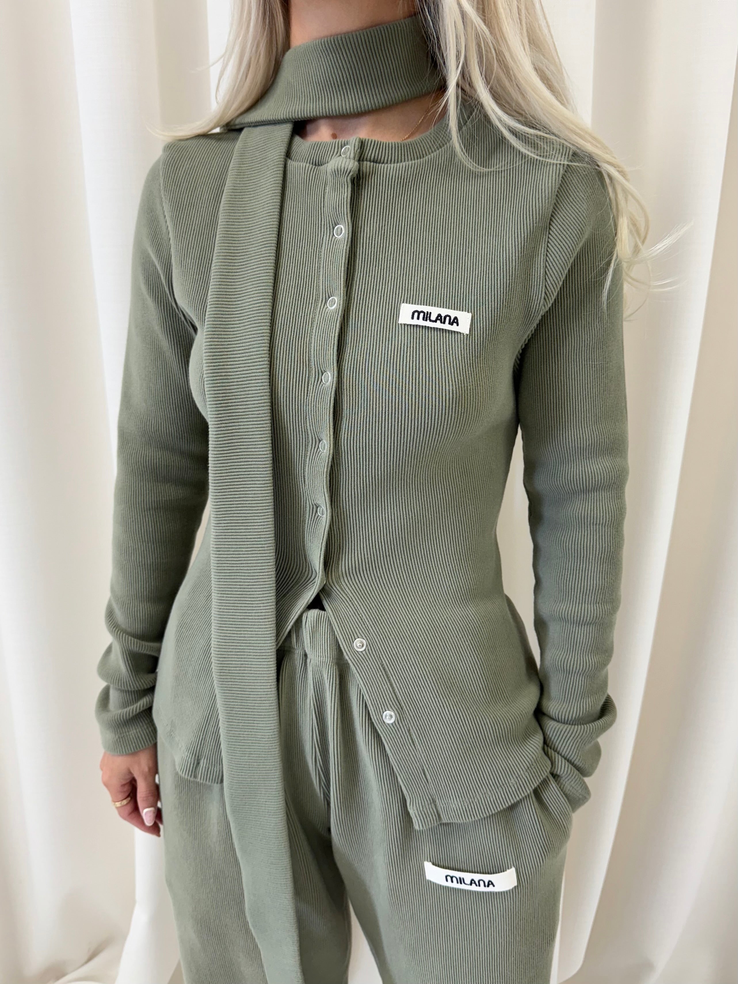 Khaki Green Core Button Soft Rib Long Sleeve.
