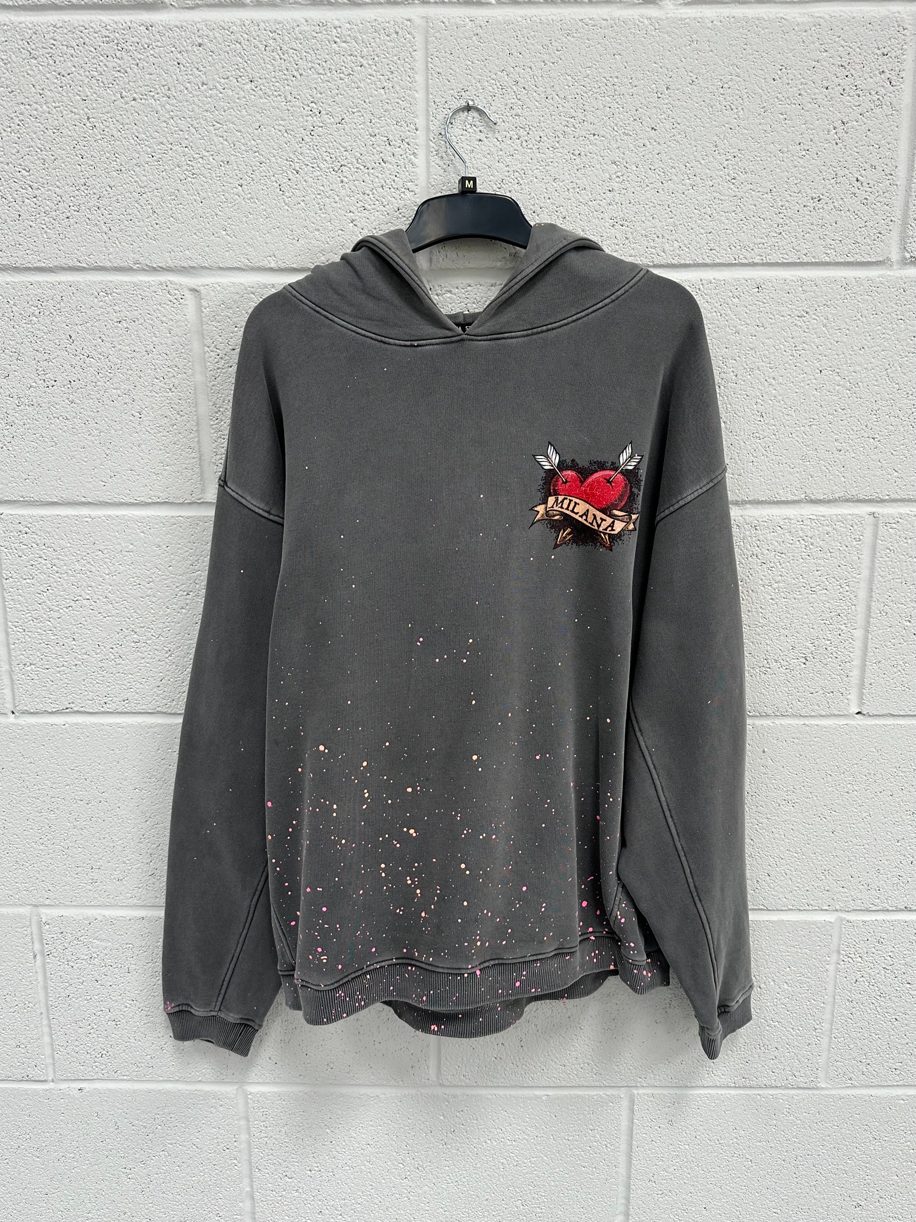 #B4 Washed Charcoal Heart Splatter Heavyweight Hoodie.