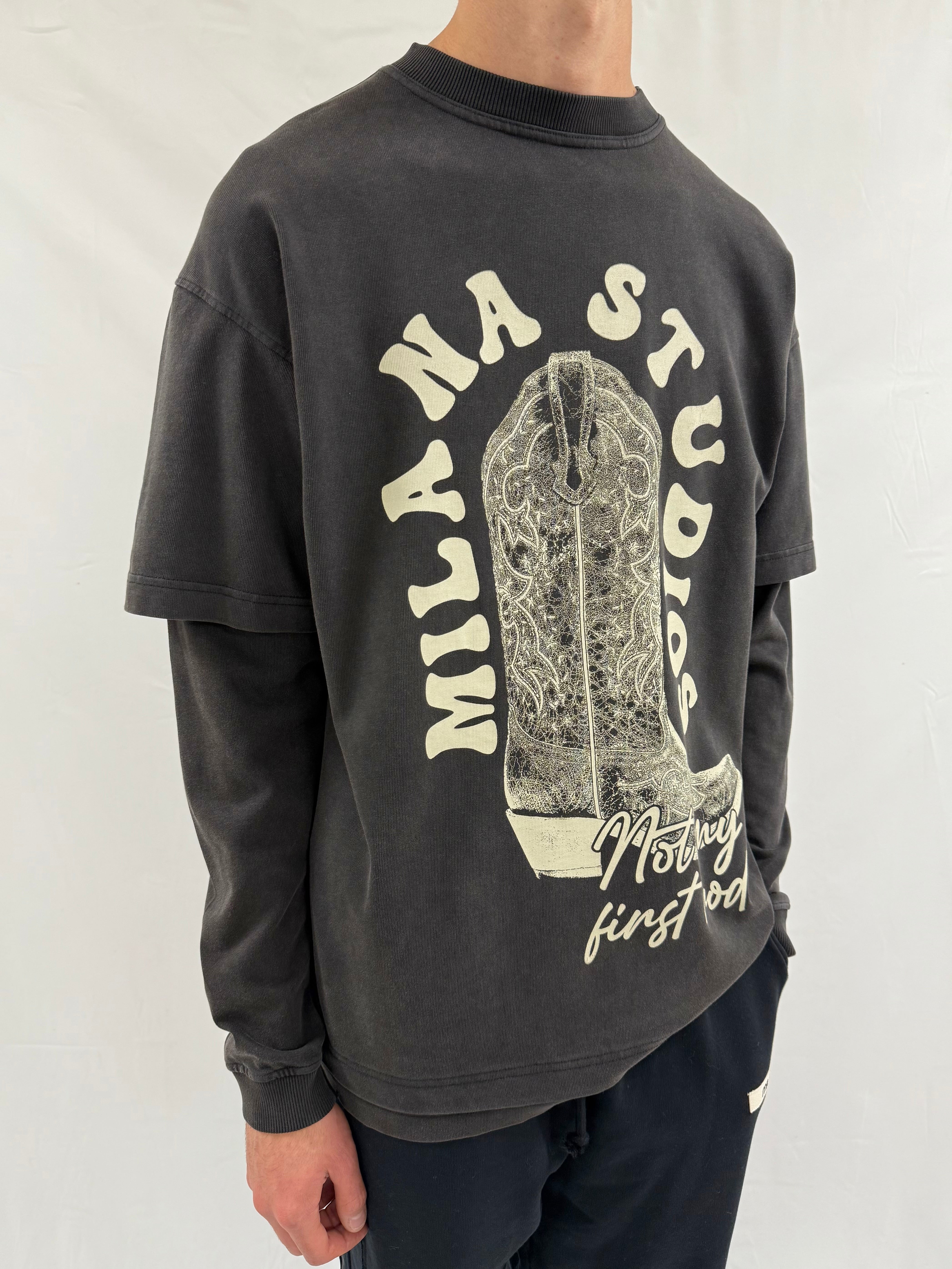 Washed Black Rodeo Boot Heavyweight T-shirt Long Sleeve.