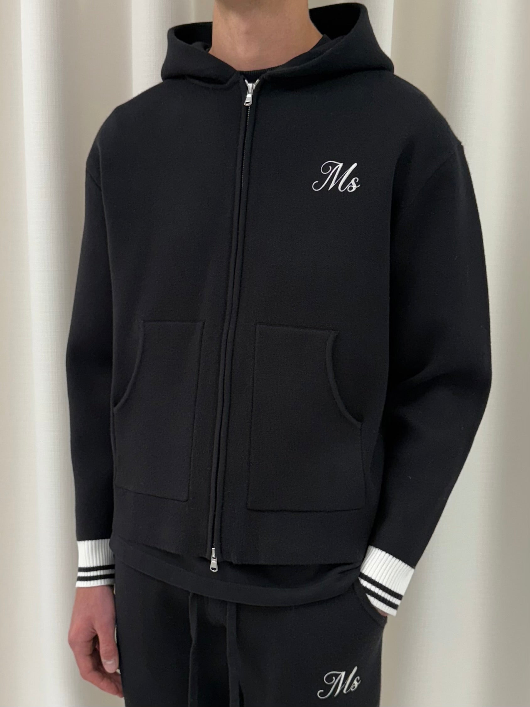Black MS Knitted Heavyweight Zip Hoodie.