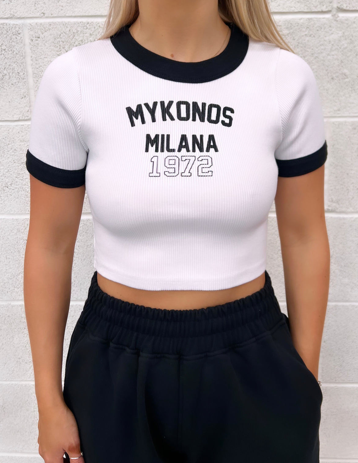 White And Black Mykonos Baby Tee.