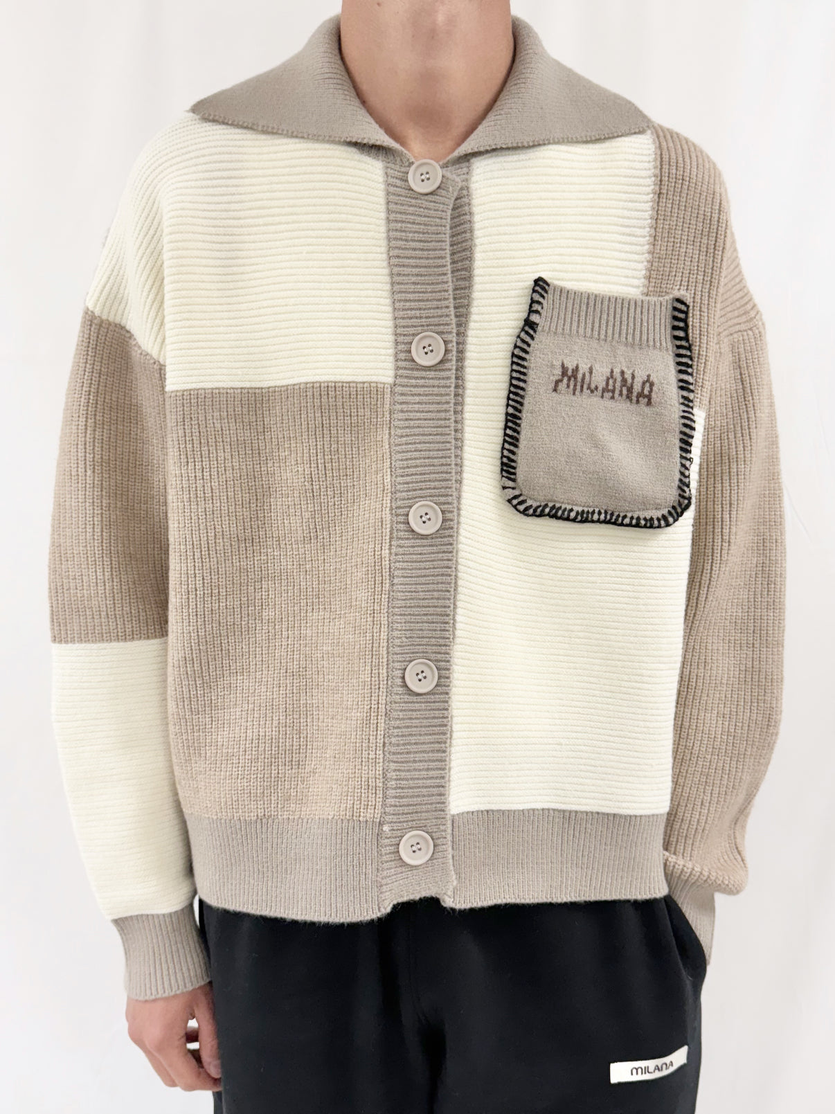 Oat Brown Multi Patchwork Heavyweight Knitted Cardigan.