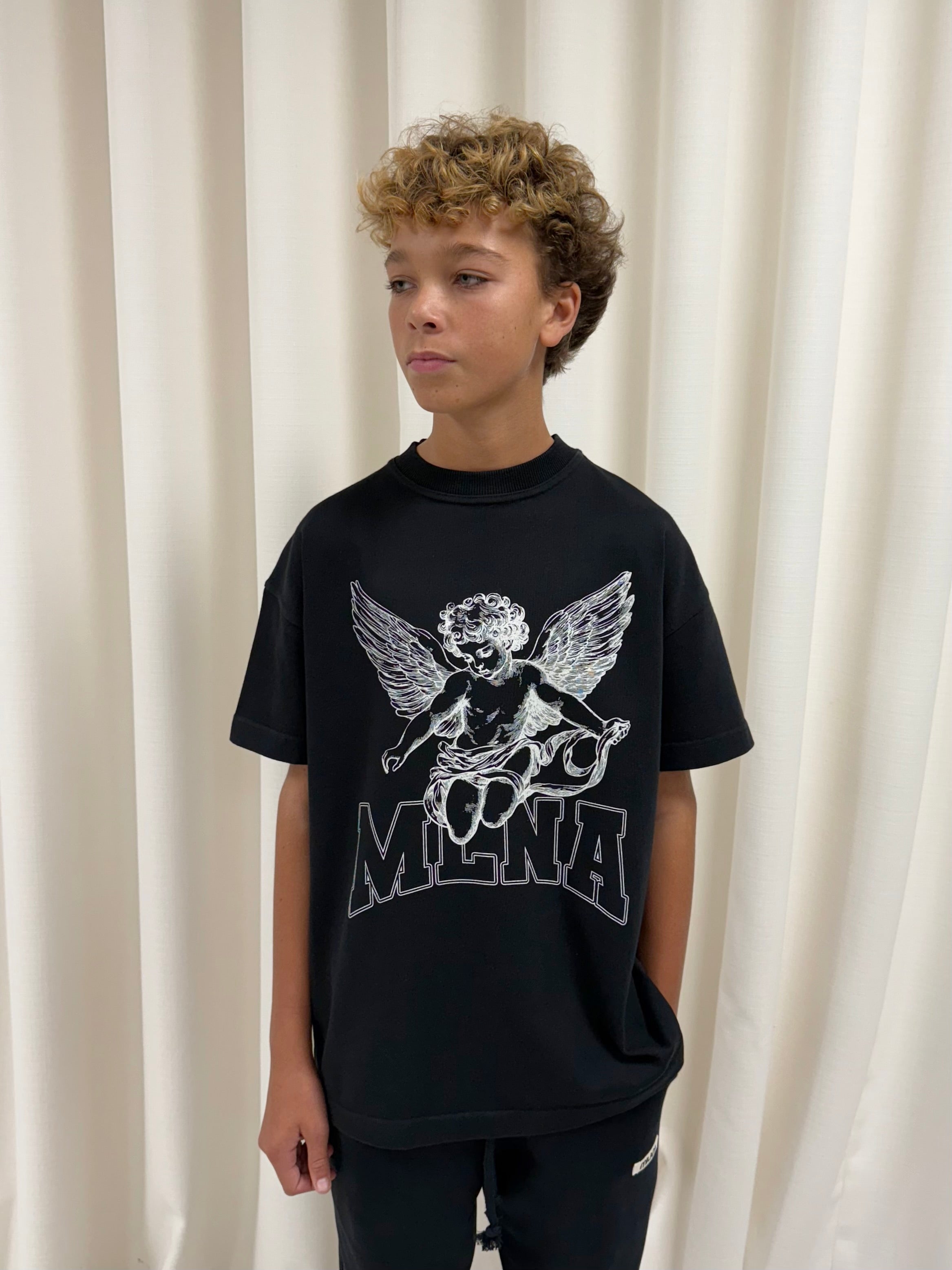 Black Stencilled Cherub Kids T-shirt.