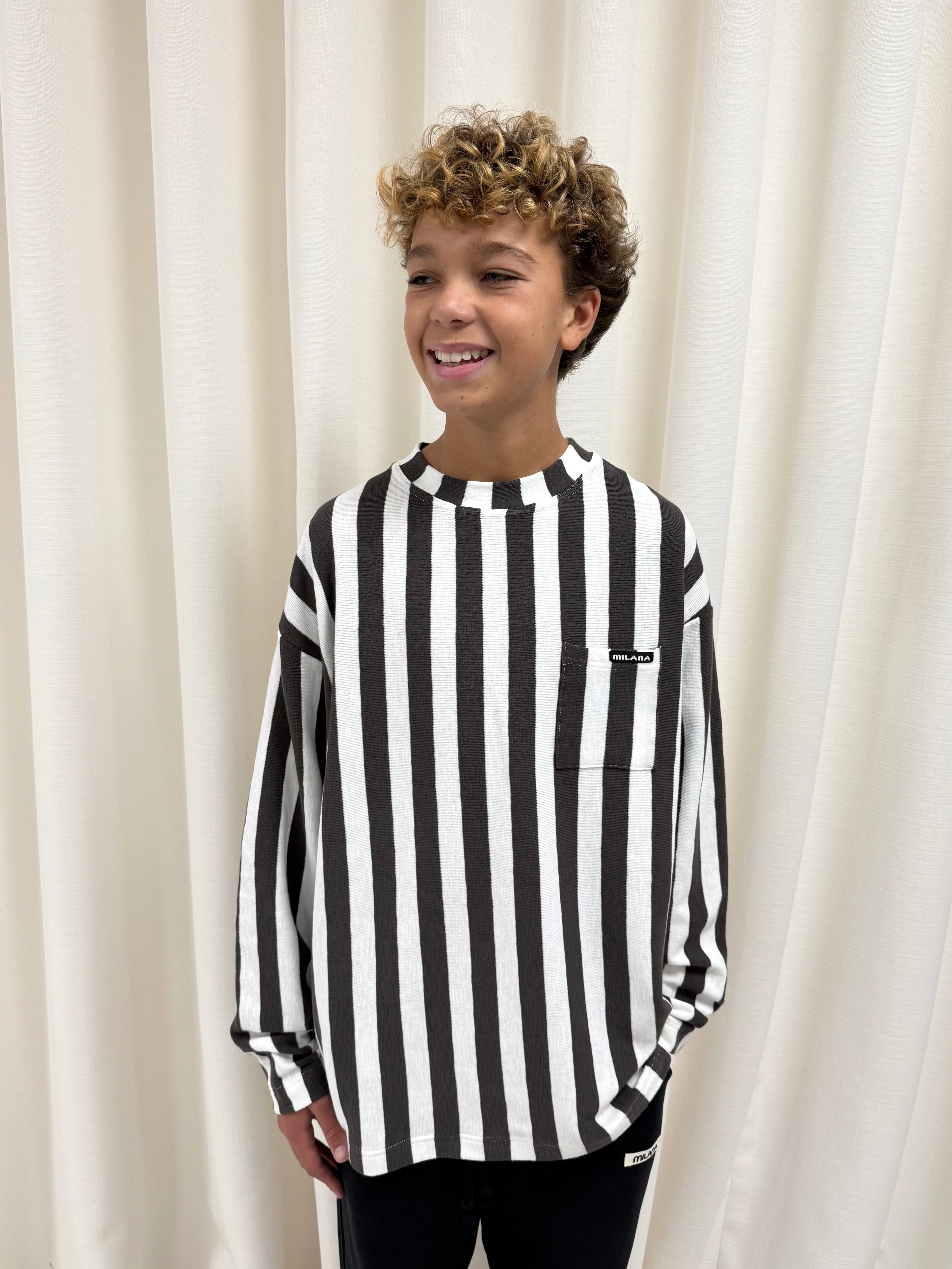 Cream and Charcoal Striped Kids Knitted Long Sleeve.