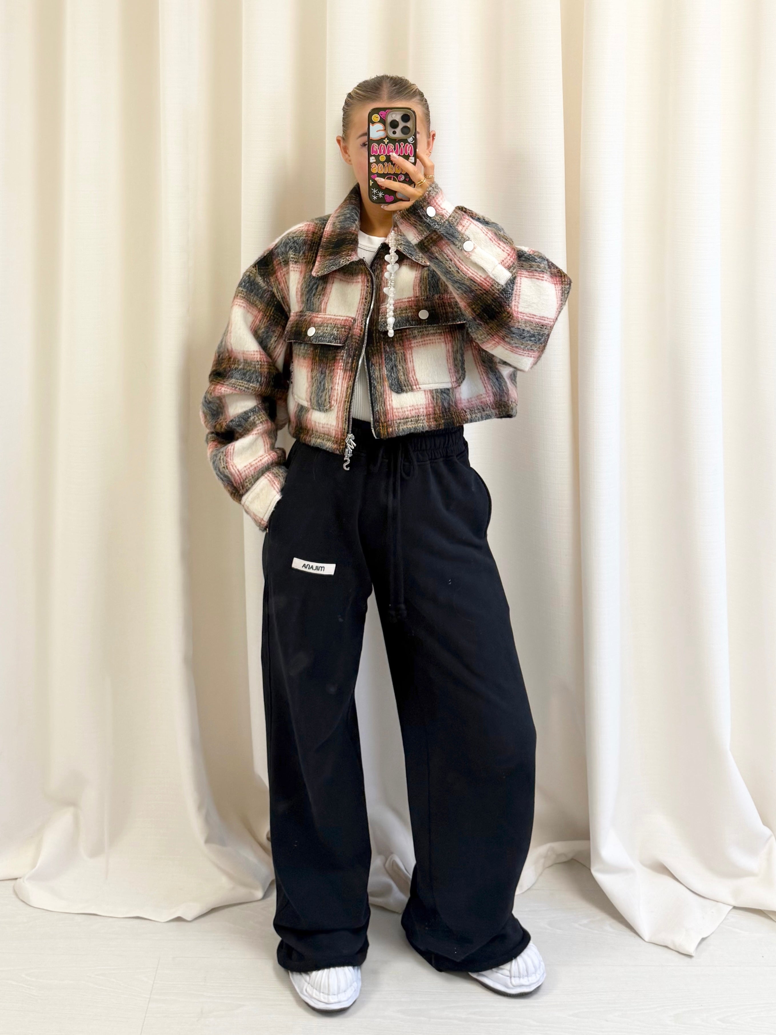 Rust Check Cropped Flannel Trucker Jacket.