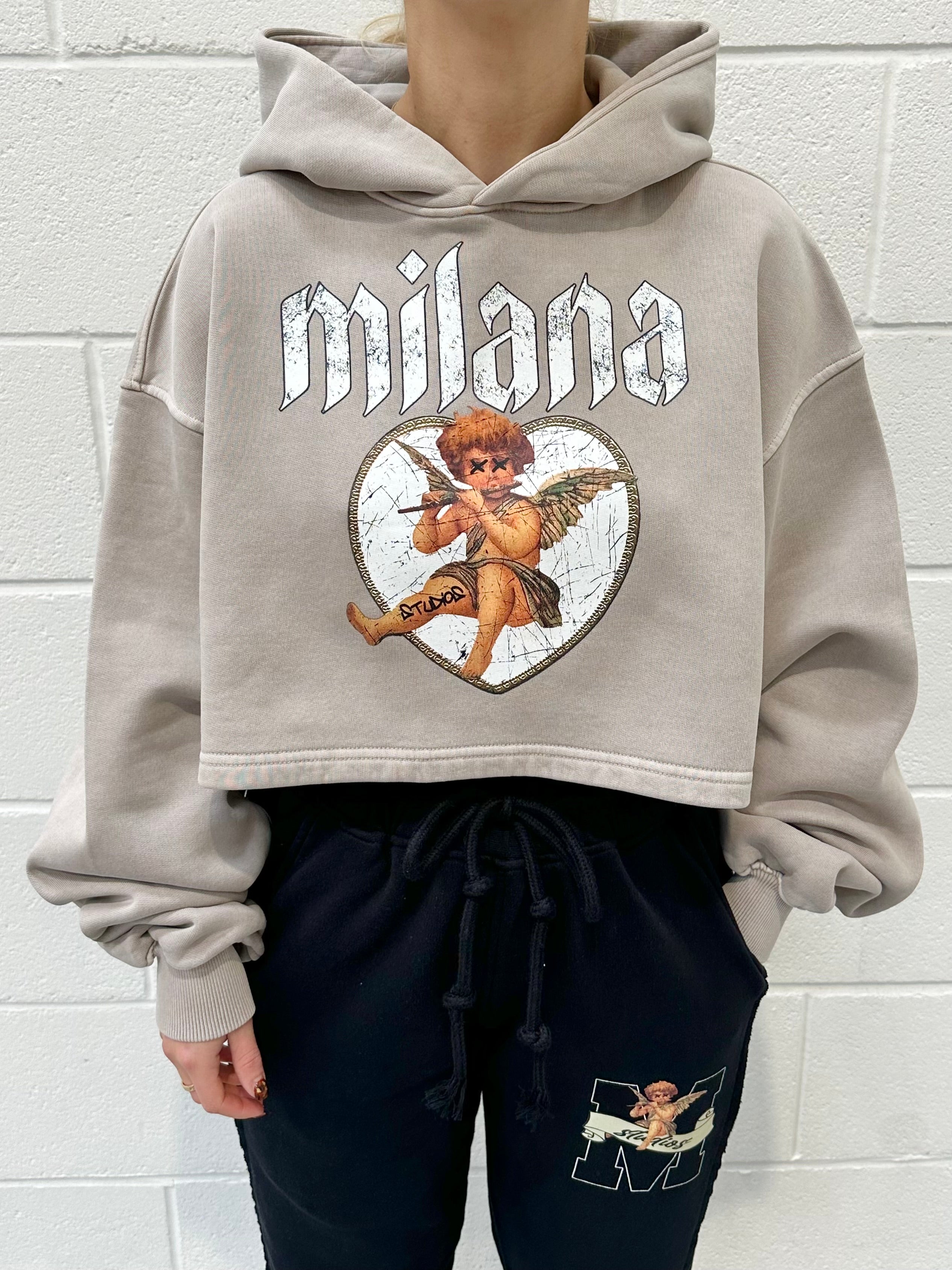 Washed Taupe Cherub Cropped Heavyweight Hoodie.