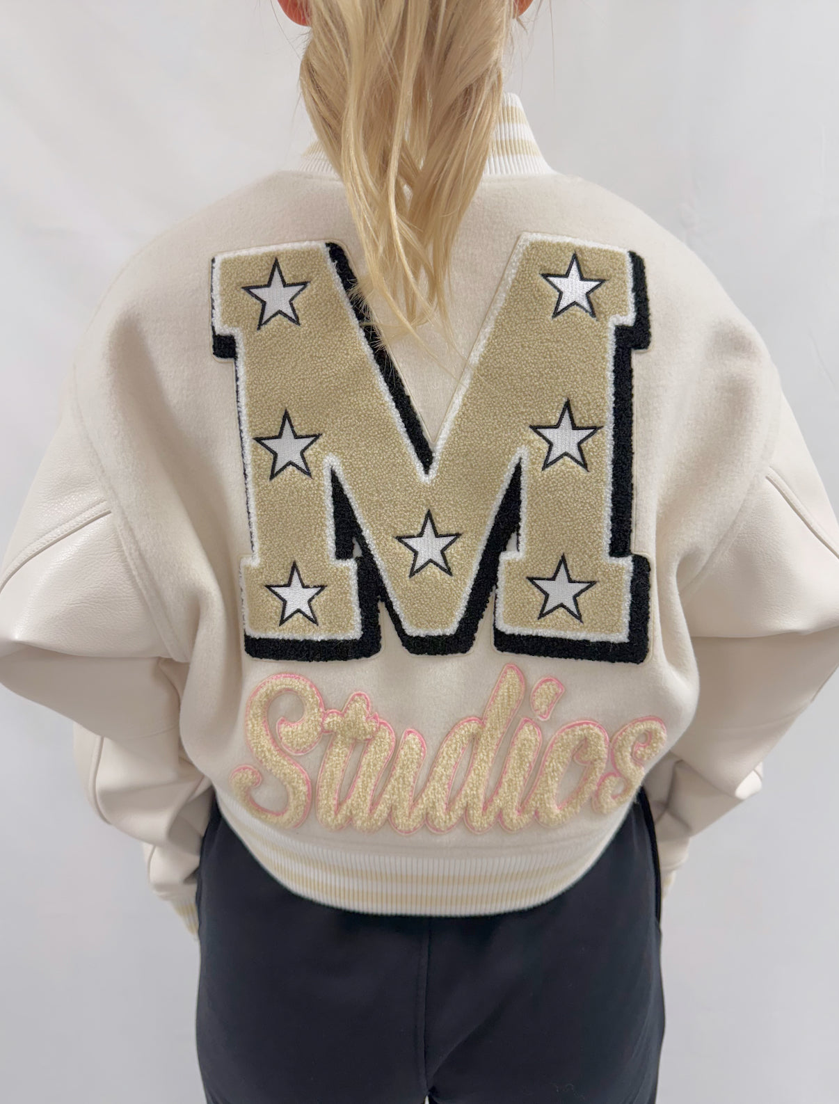 Cream Heavyweight Cropped Varsity Bomber Jacket.