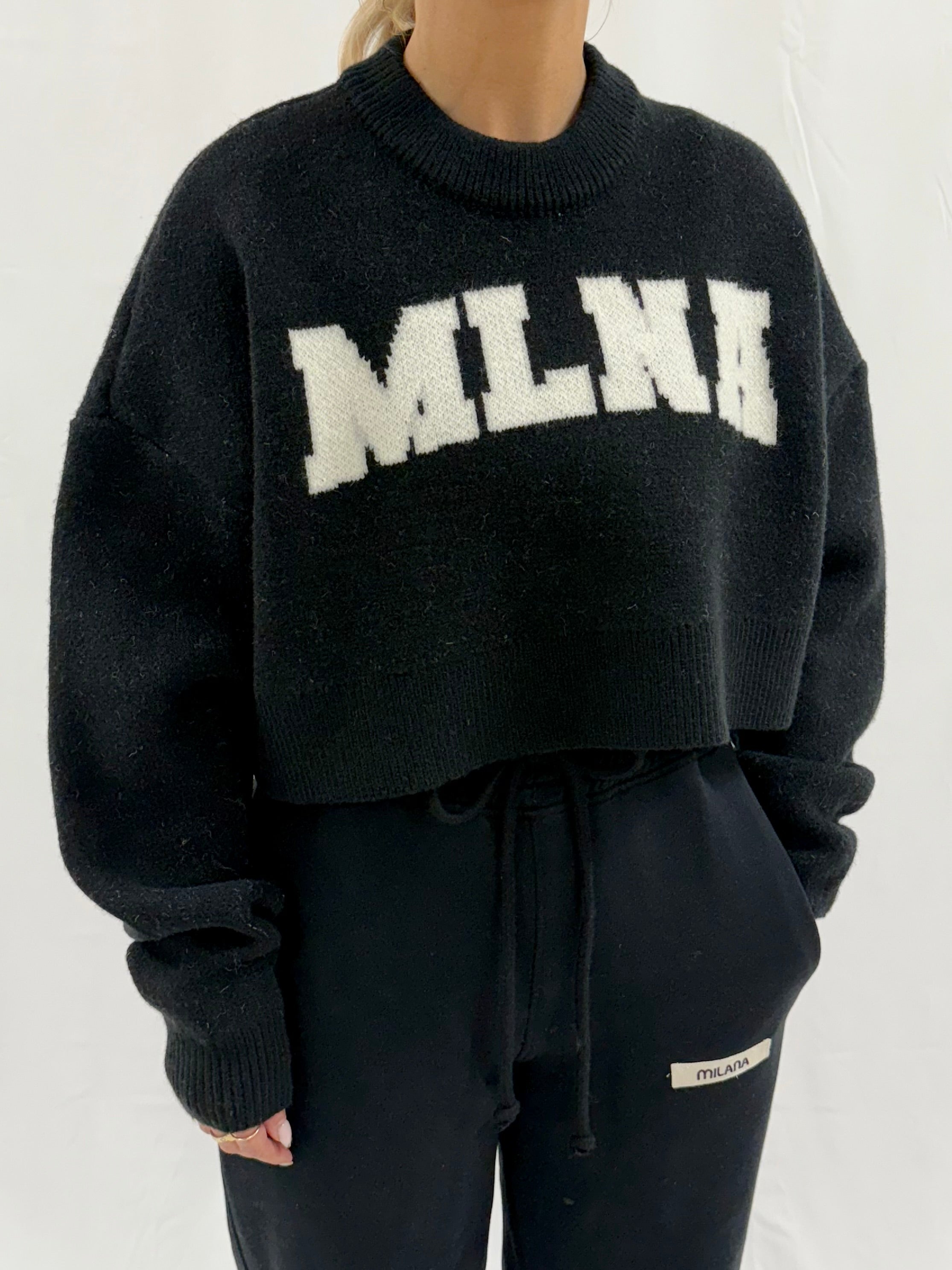 Black Speckled MLNA Heavyweight Cropped Knitted Sweatshirt.