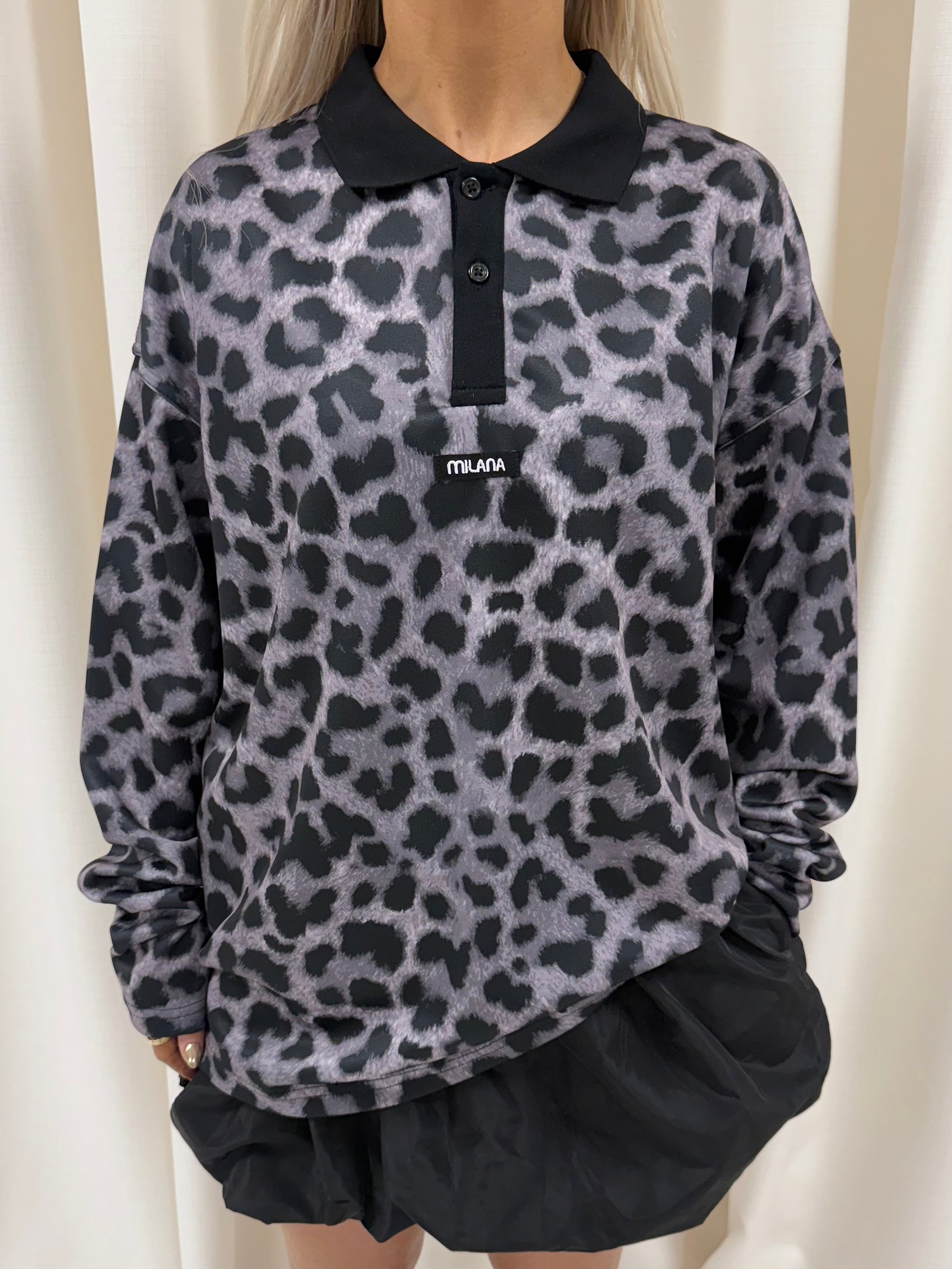 Charcoal Leopard Print Long Sleeve Polo.