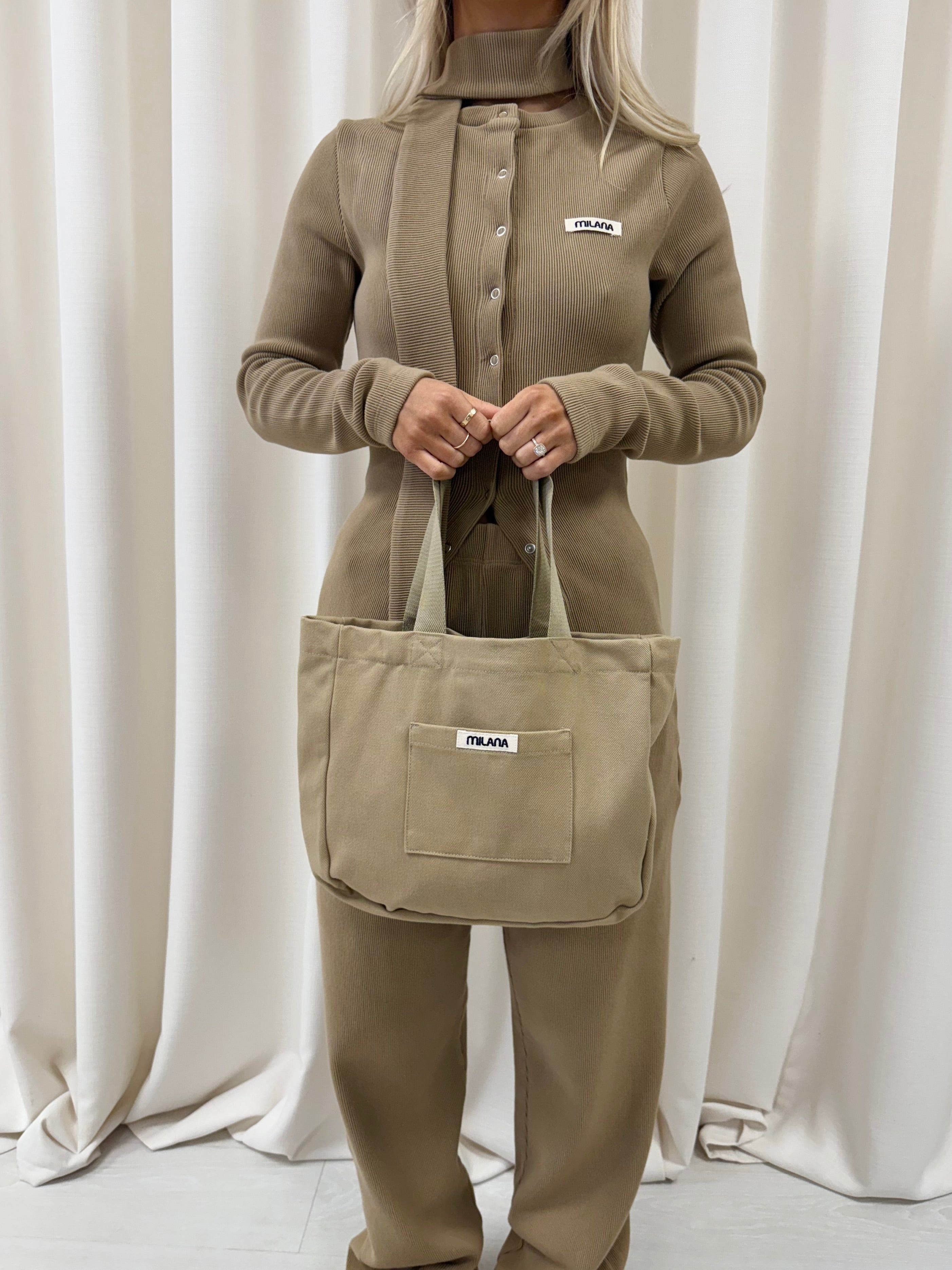 Khaki Brown Core Mini Pocket Tote Bag.