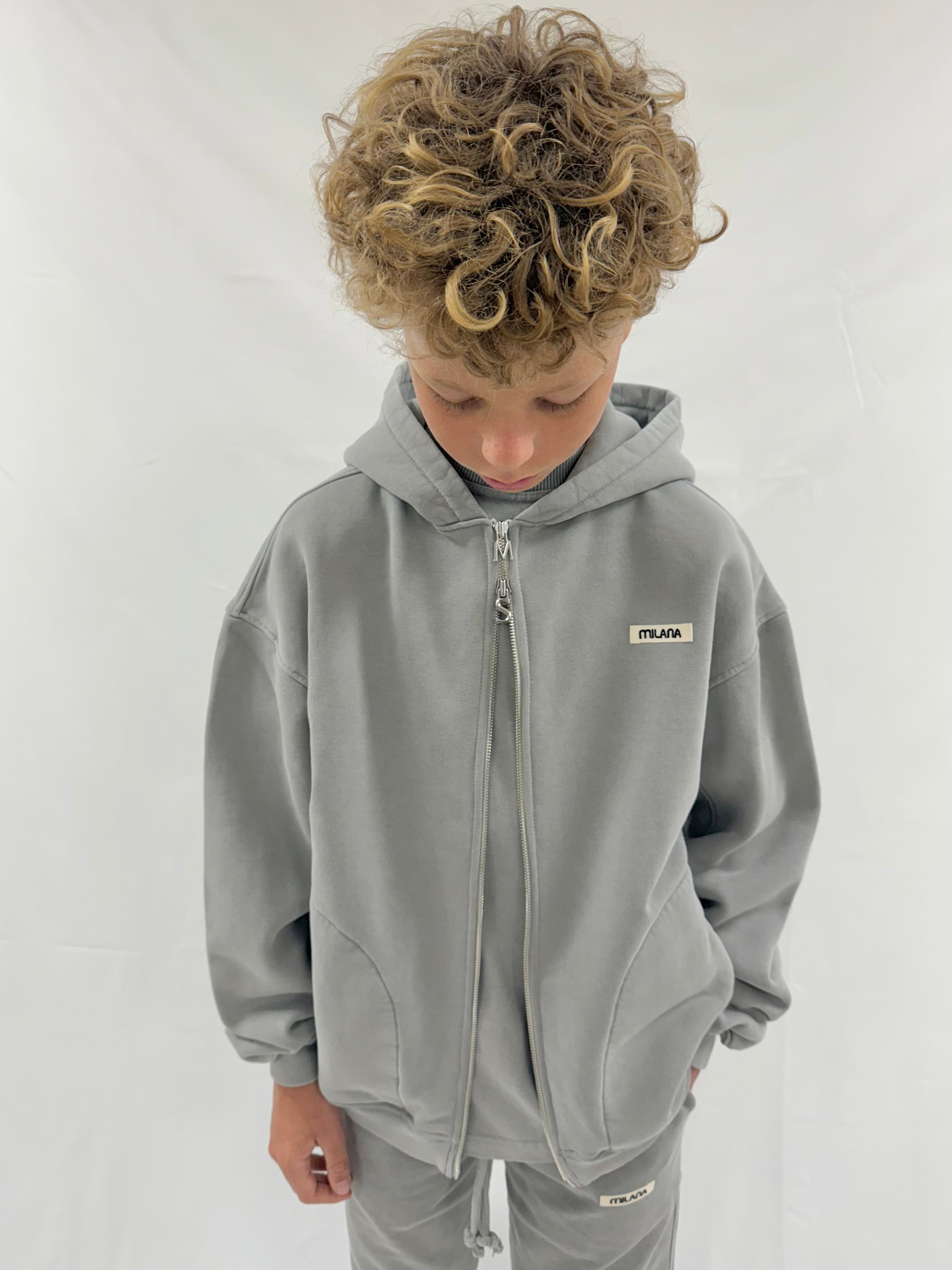 Washed Ash Grey Core Kids Zip Hoodie.