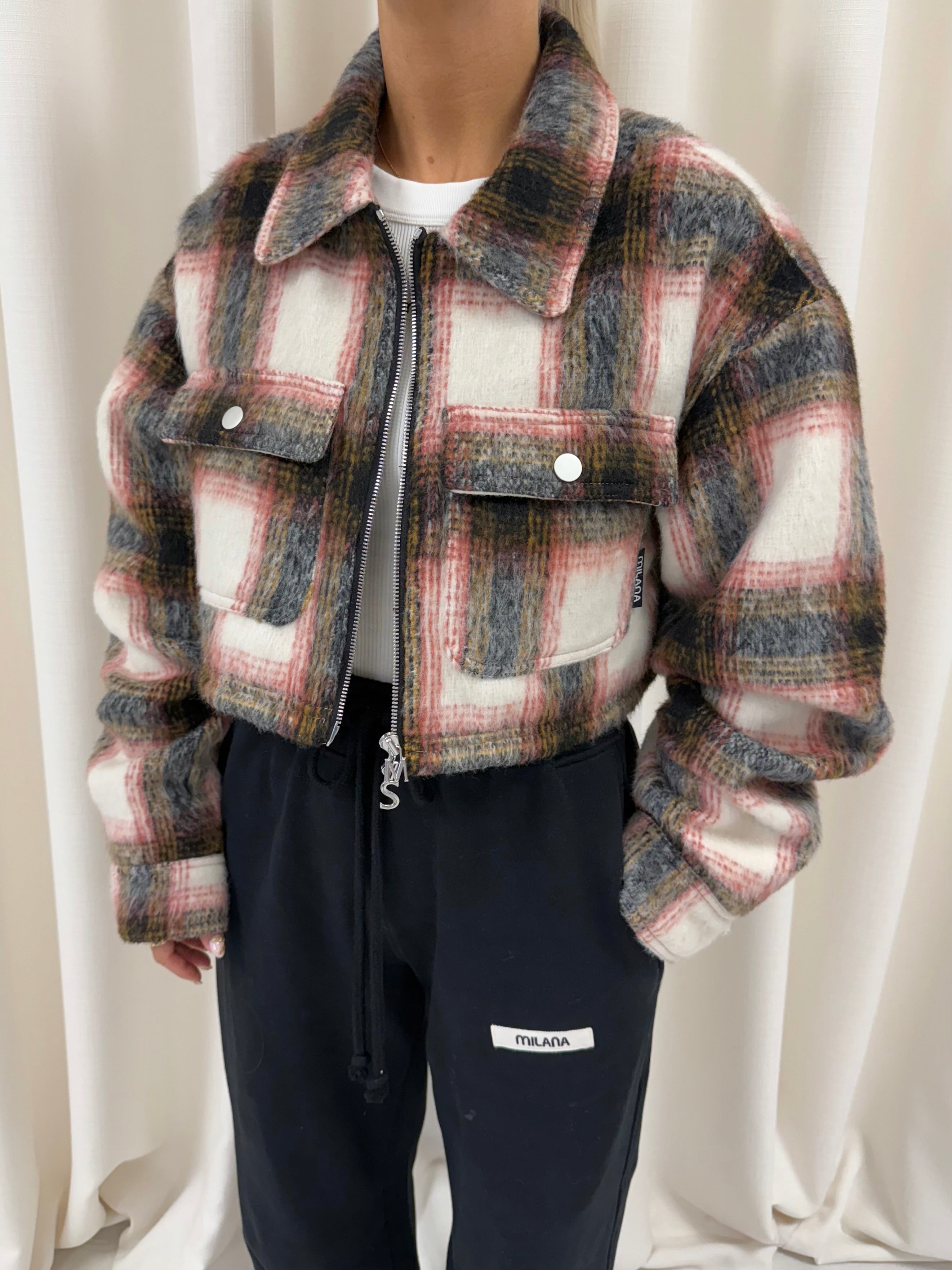 Rust Check Cropped Flannel Trucker Jacket.