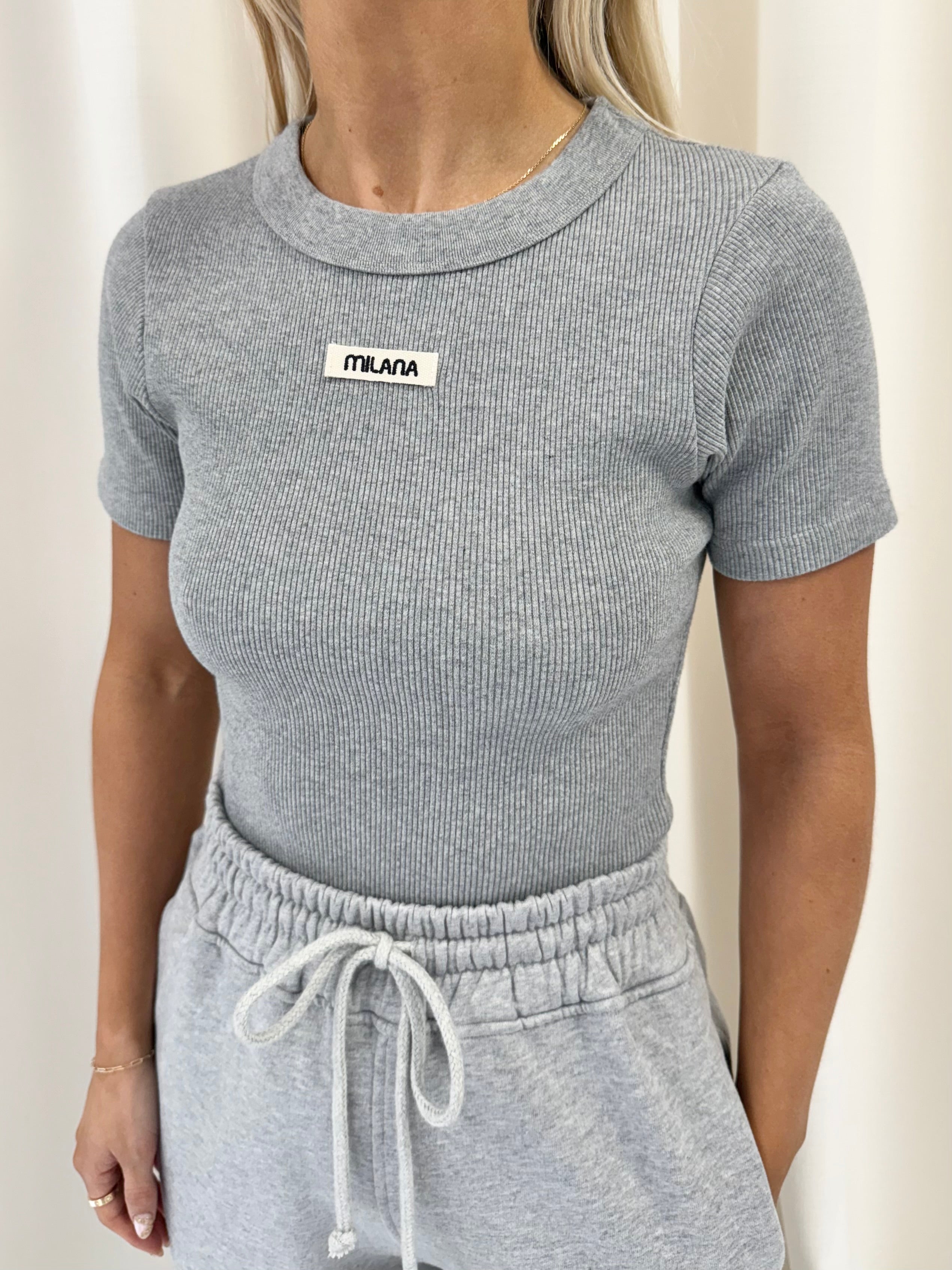 Mary Grey Core Ribbed Baby Tee.